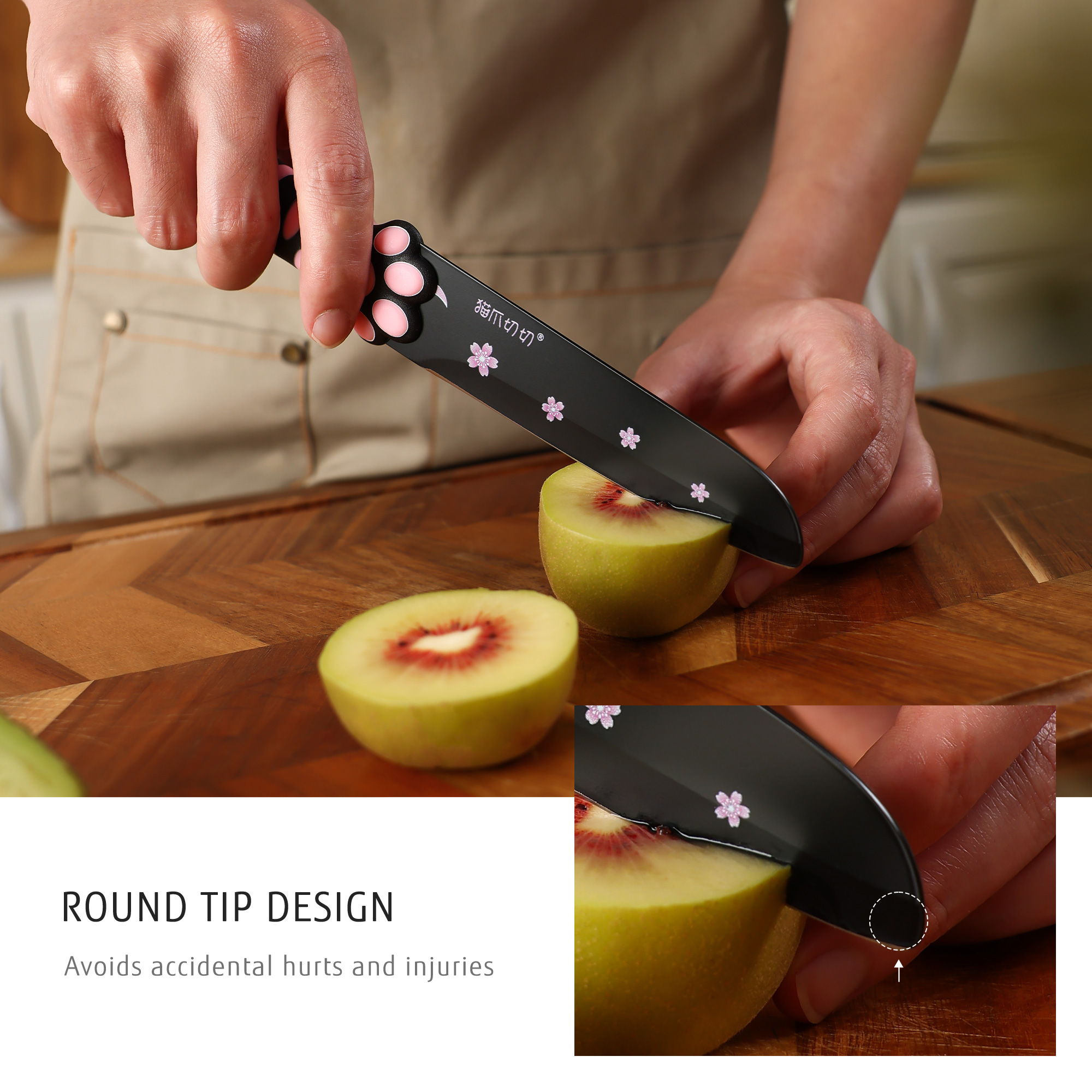 Meowkit 3 PCS Kitchen Knives – Cute Black & Pink Set with Blade Block for Meat & Cooking
