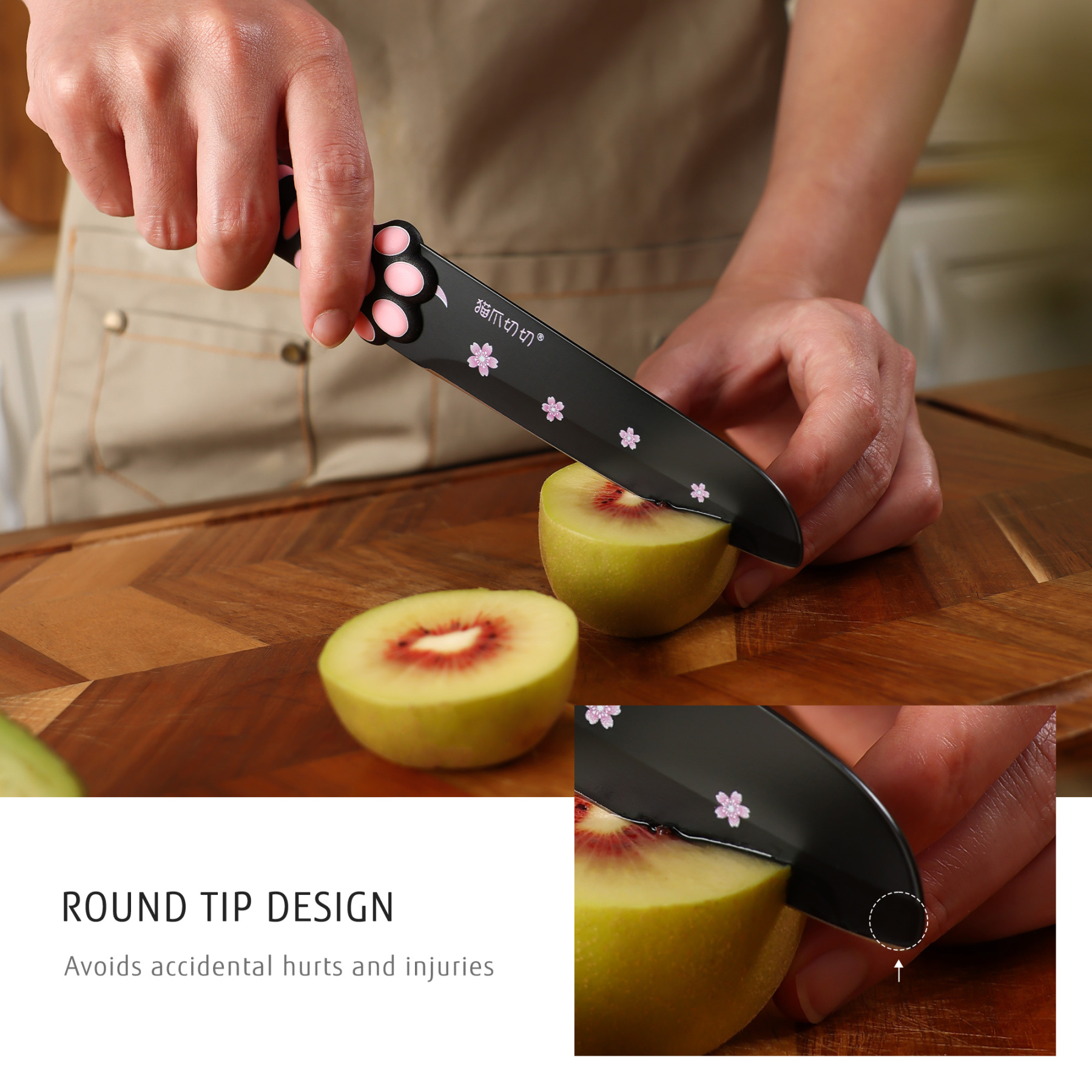 Meowkit 3 PCS Kitchen Knives – Cute Black & Pink Set with Blade Block for Meat & Cooking-Meowkit 