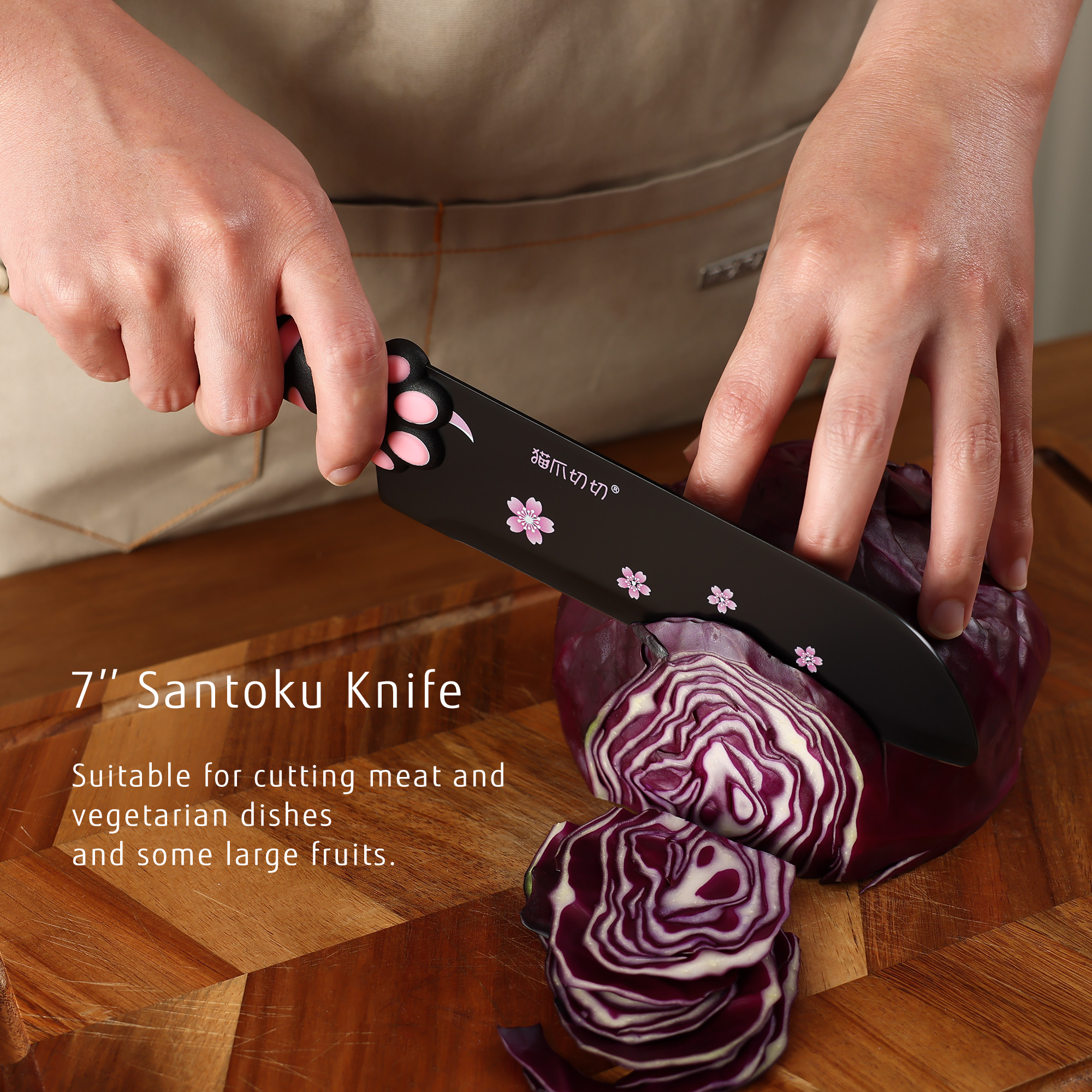 Meowkit 3 PCS Kitchen Knives – Cute Black & Pink Set with Blade Block for Meat & Cooking