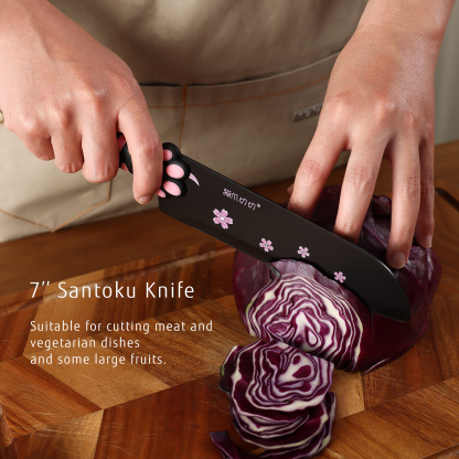 Meowkit 3 PCS Kitchen Knives – Cute Black & Pink Set with Blade Block for Meat & Cooking