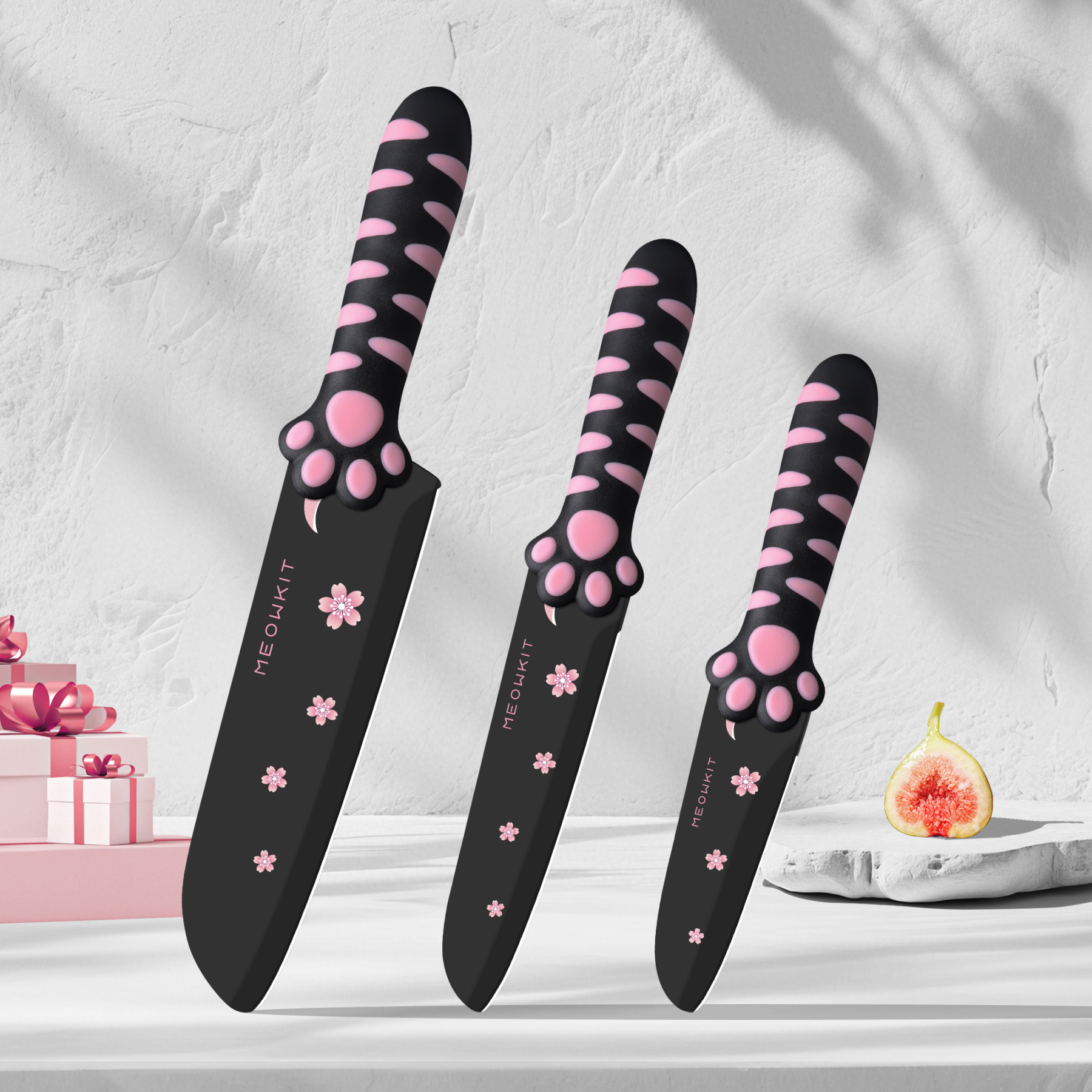 Meowkit 3 PCS Kitchen Knives – Cute Black & Pink Set with Non-Stick Coating