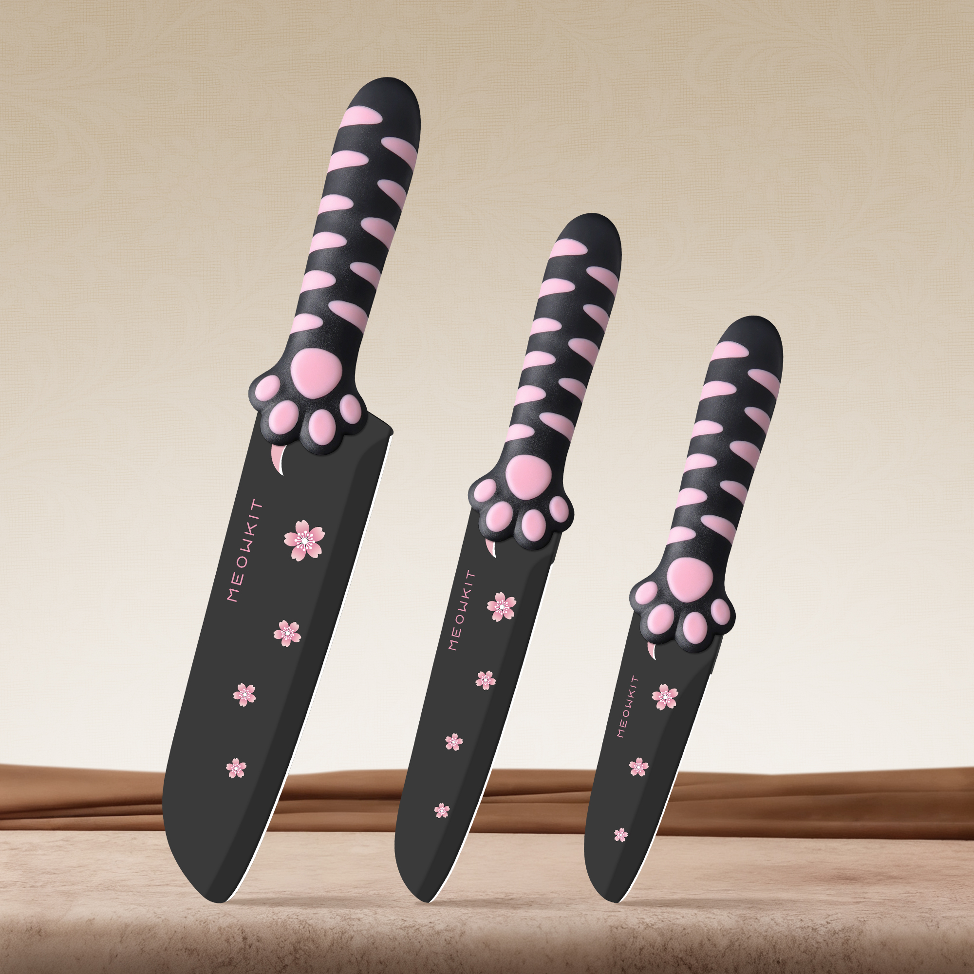 MEOWKIT 3-Piece Kitchen Knife Set – Nonstick Coated Blades + Cat Paw Handles (Black & Pink)
