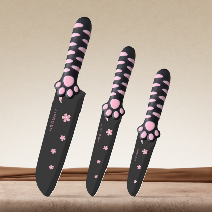 MEOWKIT 3-Piece Kitchen Knife Set – Nonstick Coated Blades + Cat Paw Handles (Black & Pink)