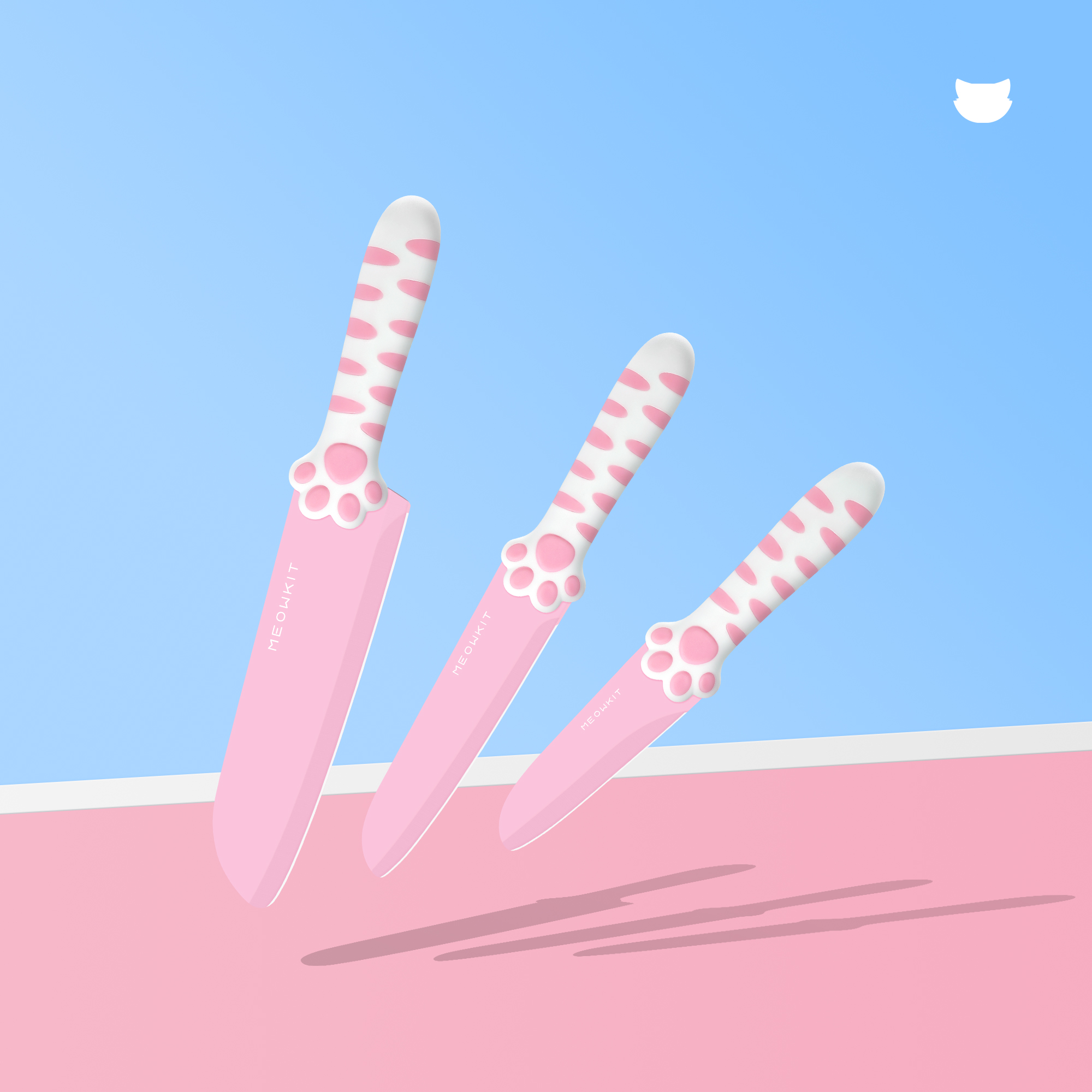 MEOWKIT 3-Piece Knife Set Without Detachable Block – Nonstick Coated Blades (Sakura Pink)