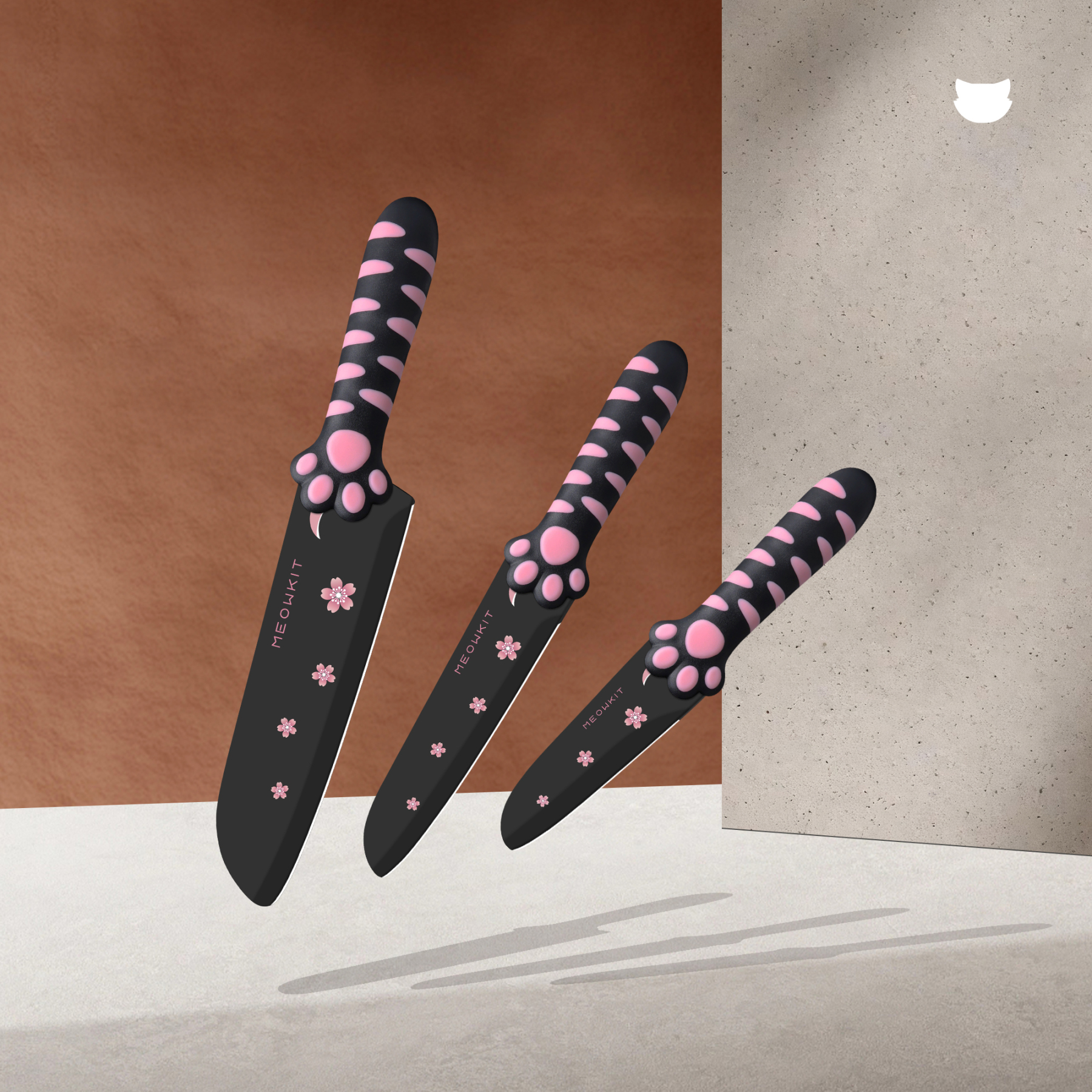 MEOWKIT 3-Piece Knife Set Without Detachable Block – Nonstick Coated Blades (Black & Pink)