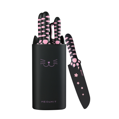Meowkit 5 PCS Stainless Steel Knife Set – Pink & Black Cooking Blades with Storage Block, Cute & Modern Kitchen Essential