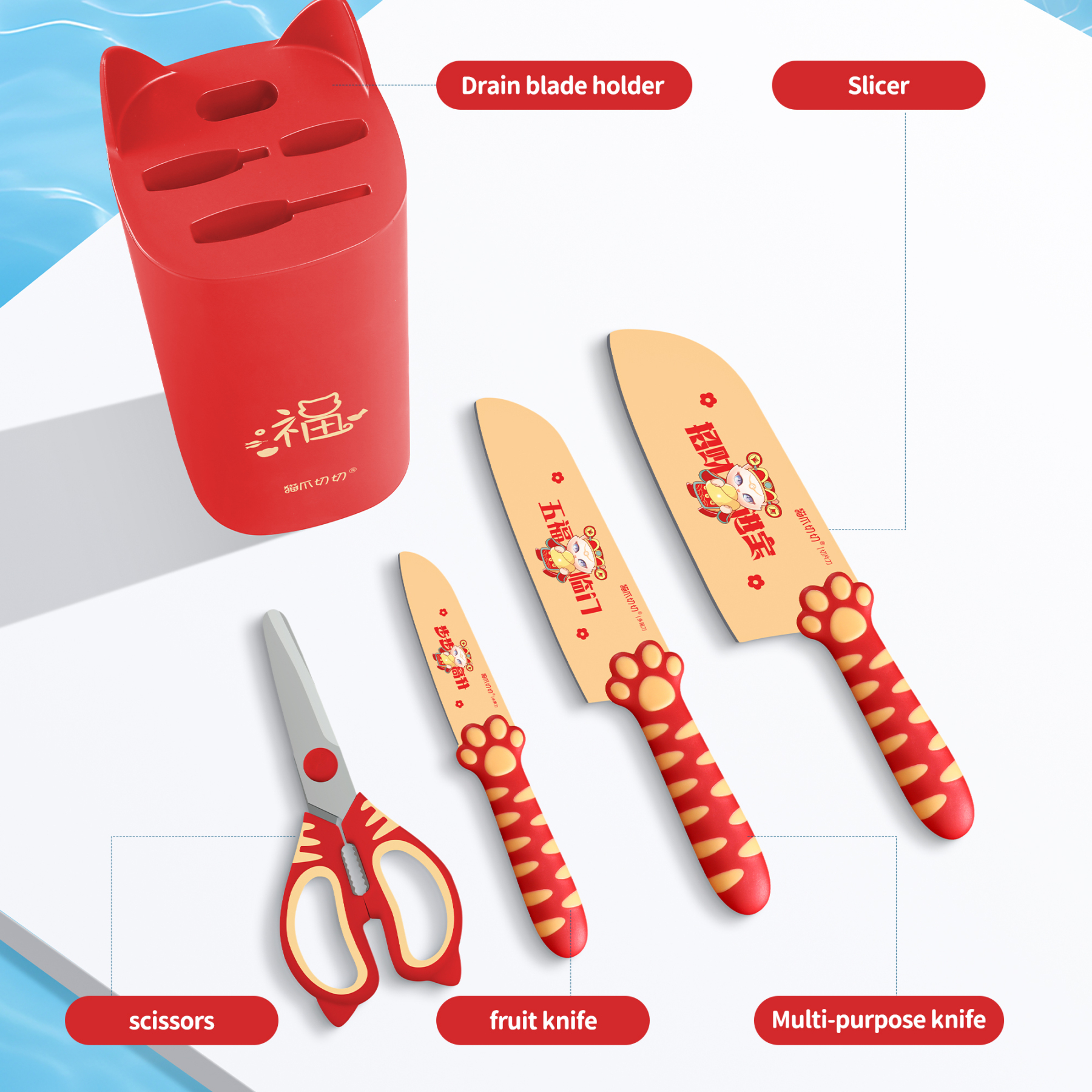 MEOWKIT 5-Piece Knife Set with Detachable Block – Nonstick Coated Blades (Energetic Red)