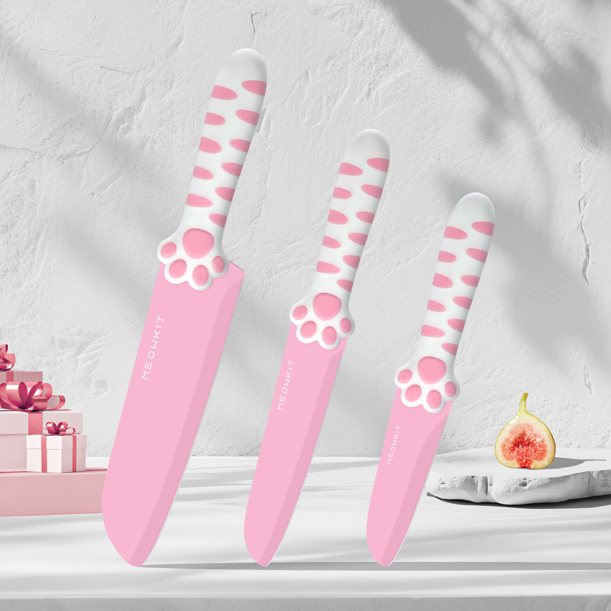 Meowkit Pink 3PCS Kitchen Knife Set Non-stick Coating Blade