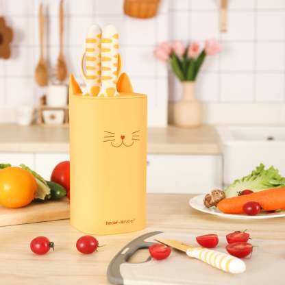 Meowkit 5-Piece Kitchen Knife Set, Yellow Cute Knife Set with Block and Scissors