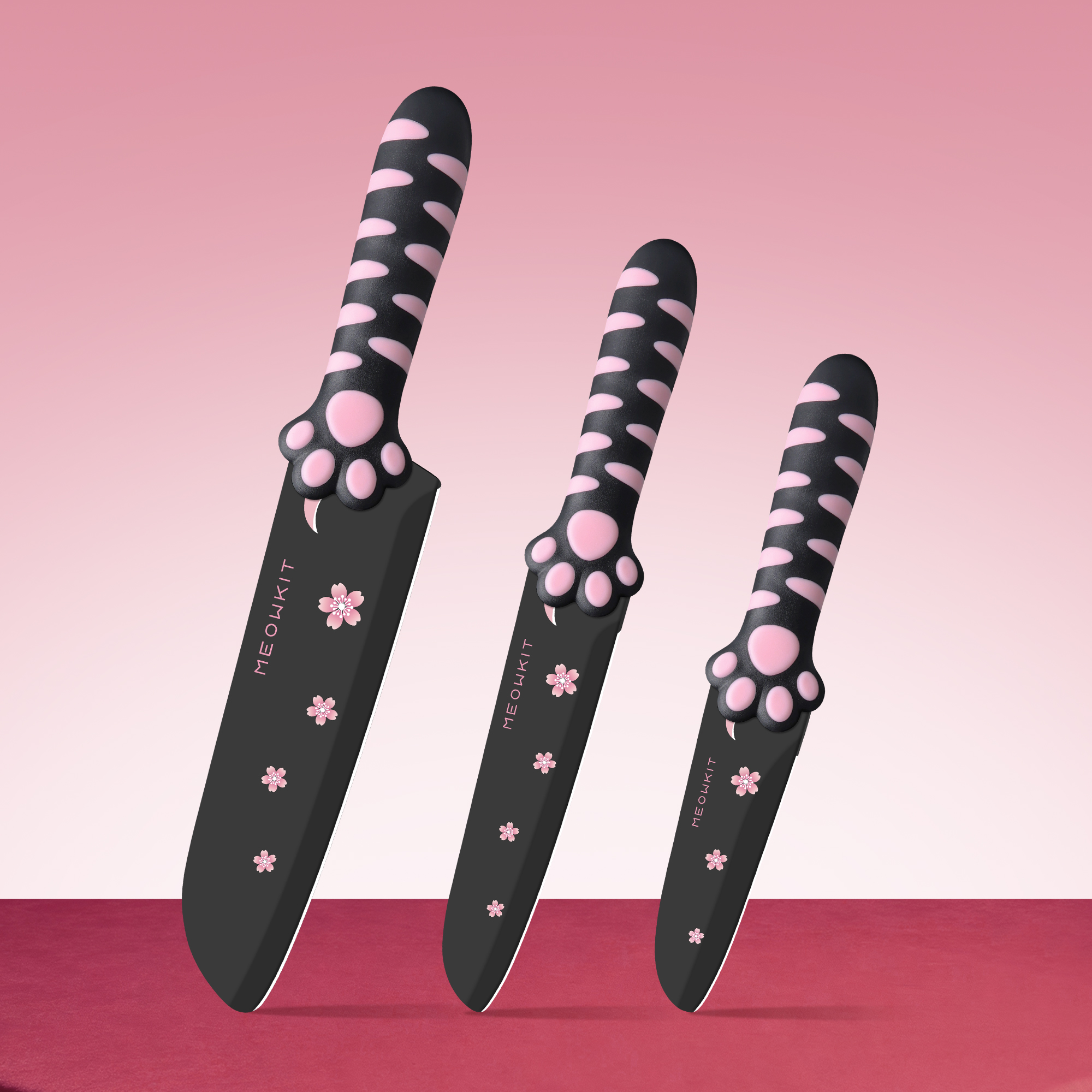 Meowkit 3 PCS Kitchen Knives – Cute Black & Pink Set with Non-Stick Coating