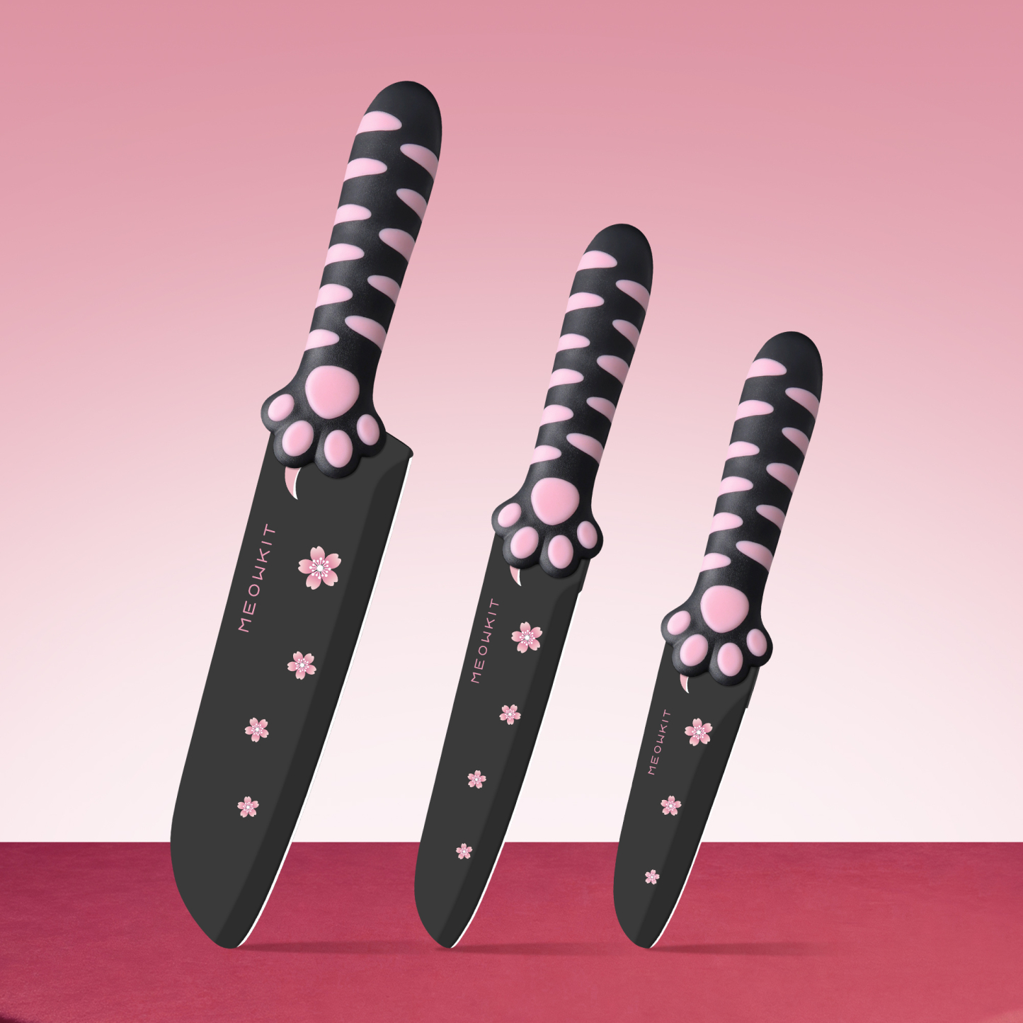 Meowkit 3 PCS Kitchen Knives – Cute Black & Pink Set with Non-Stick Coating