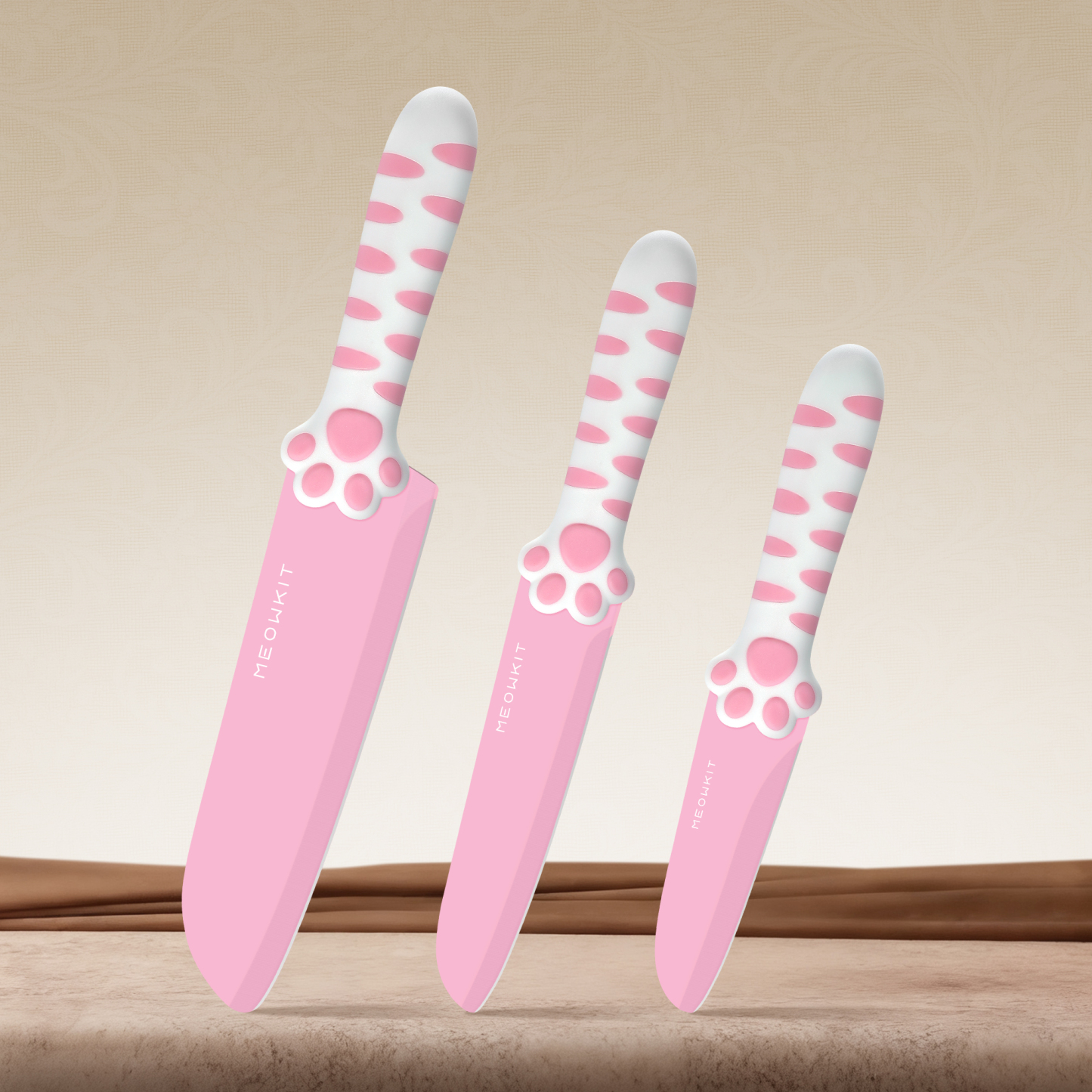 MEOWKIT 3-Piece Kitchen Knife Set – Nonstick Coated Blades + Cat Paw Handles (Sakura Pink)