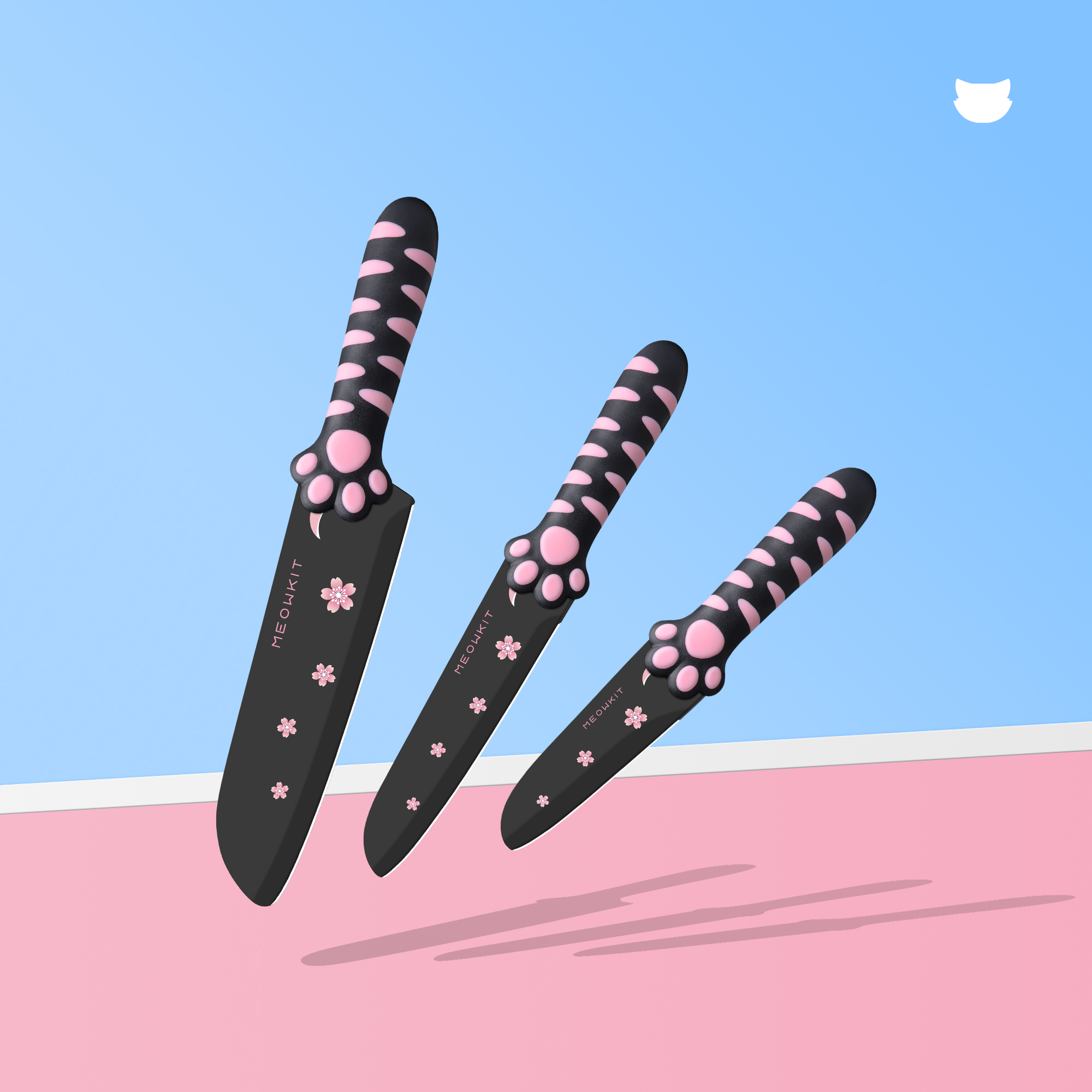 MEOWKIT 3-Piece Knife Set Without Detachable Block – Nonstick Coated Blades (Black & Pink)