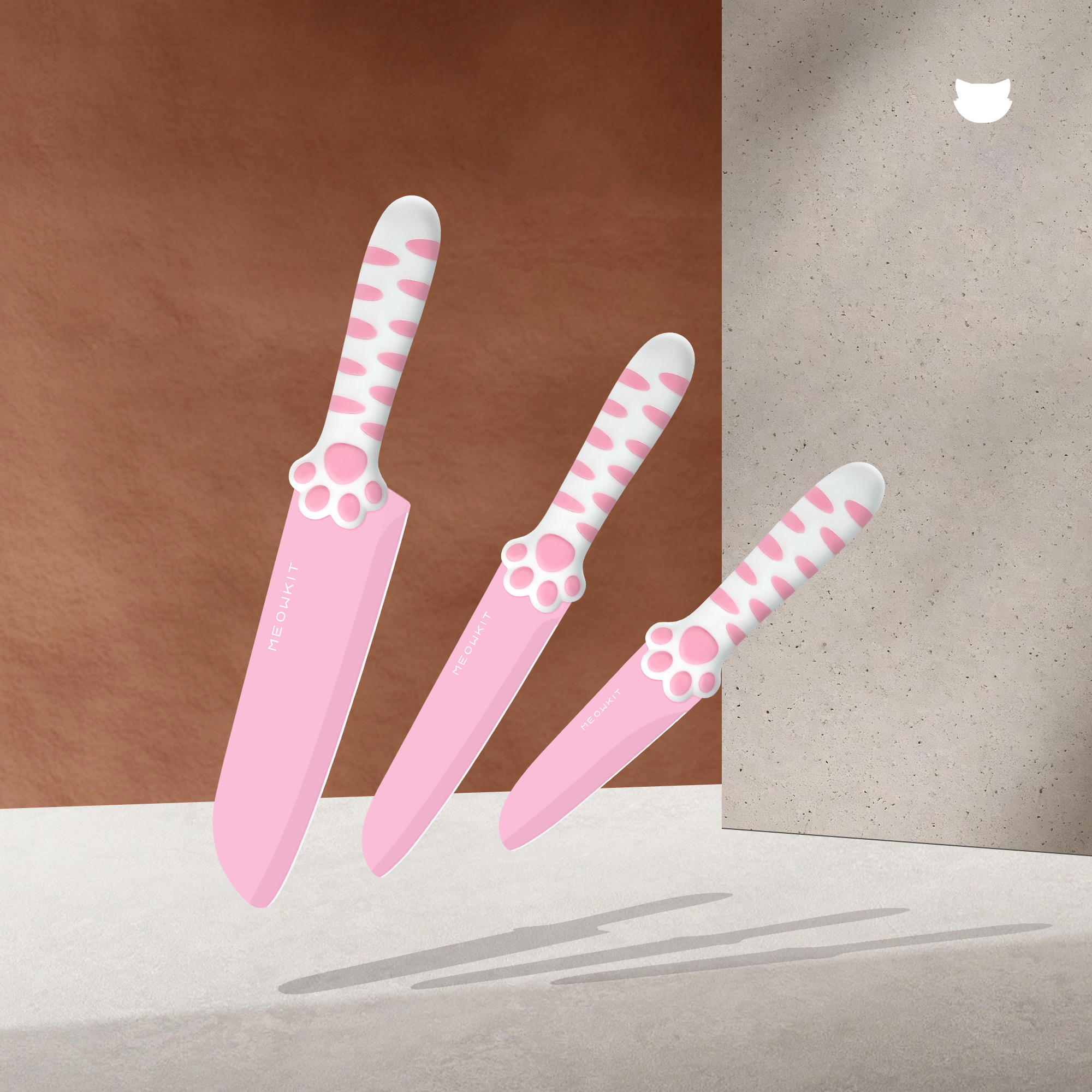 MEOWKIT 3-Piece Knife Set Without Detachable Block – Nonstick Coated Blades (Sakura Pink)