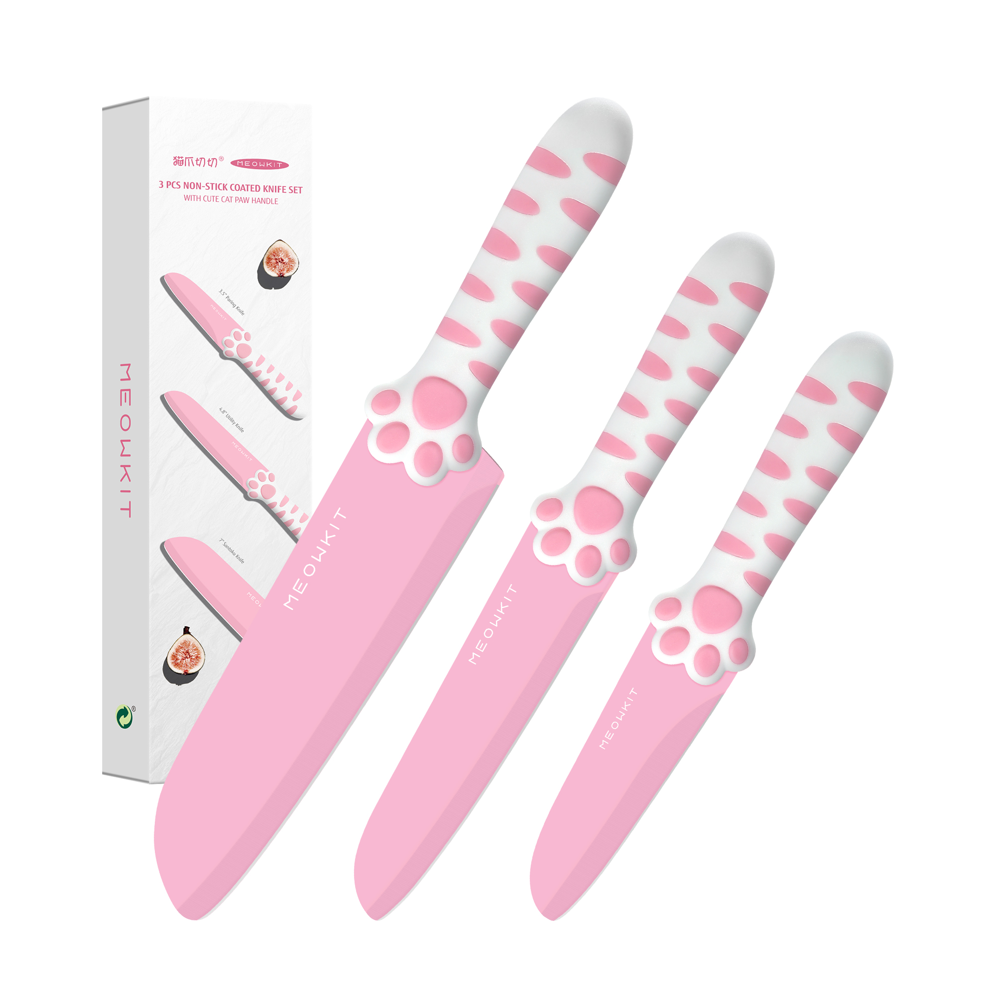 Meowkit Pink 3PCS Kitchen Knife Set Non-stick Coating Blade