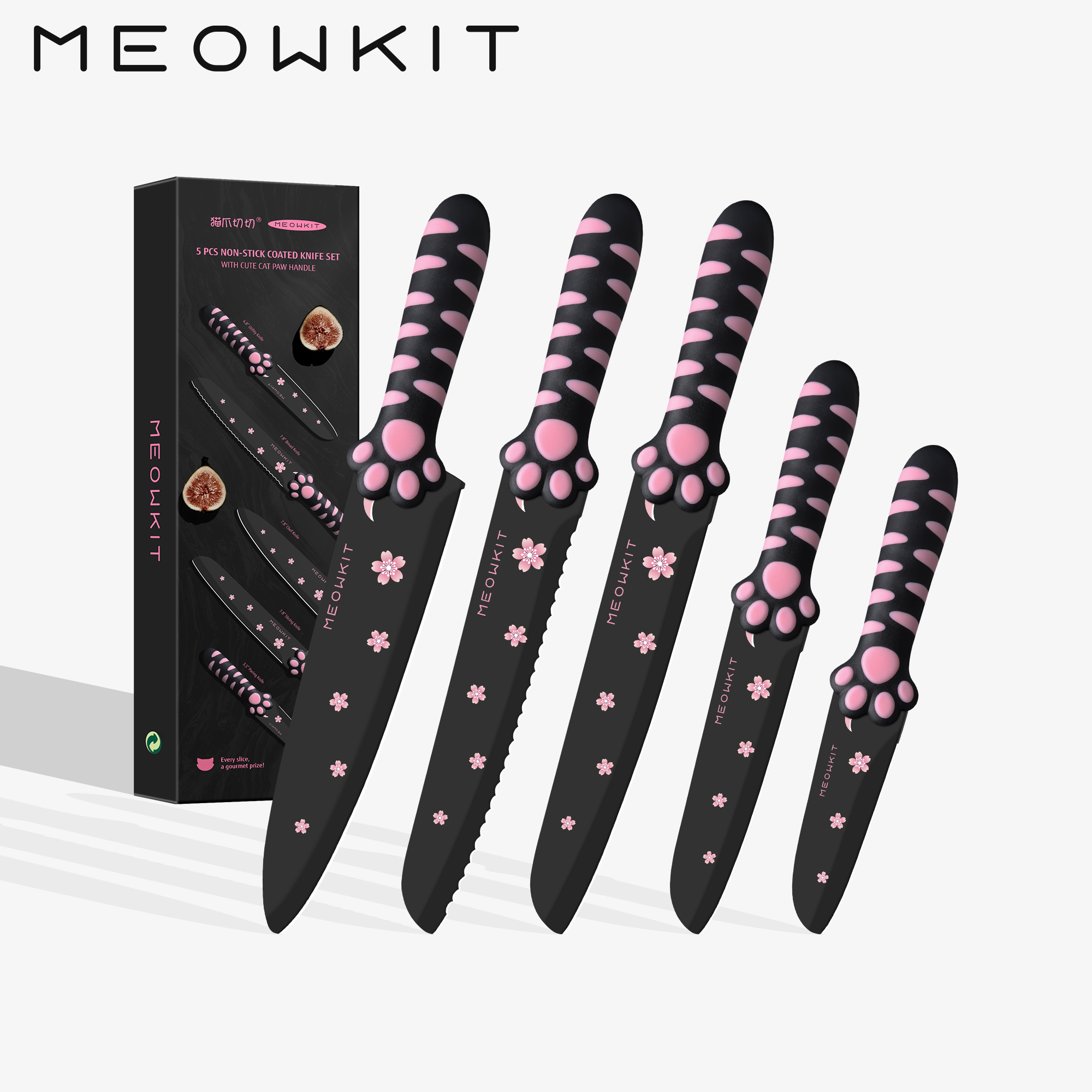 MEOWKIT 5-Piece Kitchen Knife Set – Stainless Steel Blades with Non-Stick Coating and Non-Slip Pink Handles