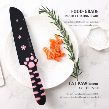 Meowkit 5 PCS Stainless Steel Knife Set – Pink & Black Cooking Blades with Storage Block, Cute & Modern Kitchen Essential