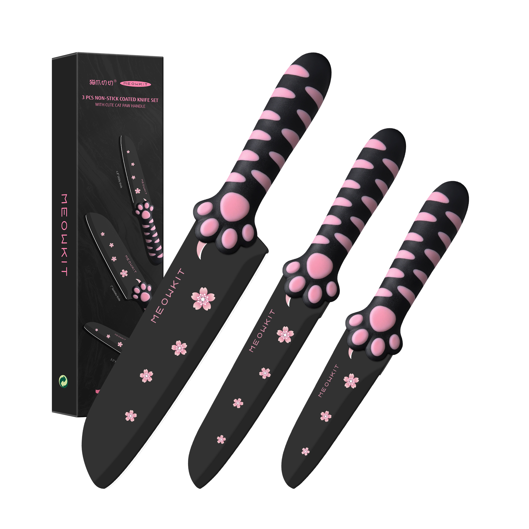 Meowkit 3 PCS Kitchen Knives – Cute Black & Pink Set with Blade Block for Meat & Cooking