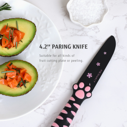 Meowkit 5 PCS Stainless Steel Knife Set – Pink & Black Cooking Blades with Storage Block, Cute & Modern Kitchen Essential
