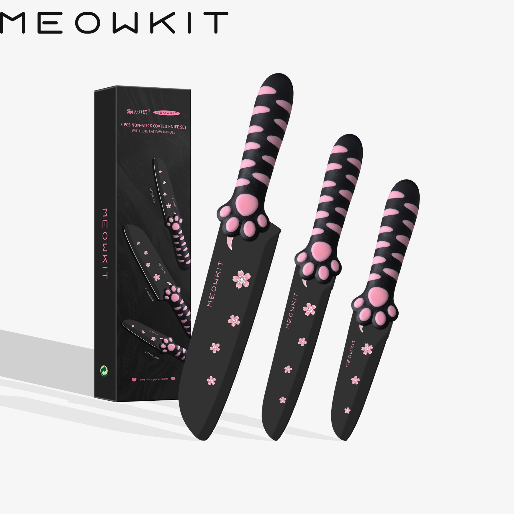 Meowkit 3/5 Pieces Kitchen Knife Set, Black&Pink Block Kitchen Knives
