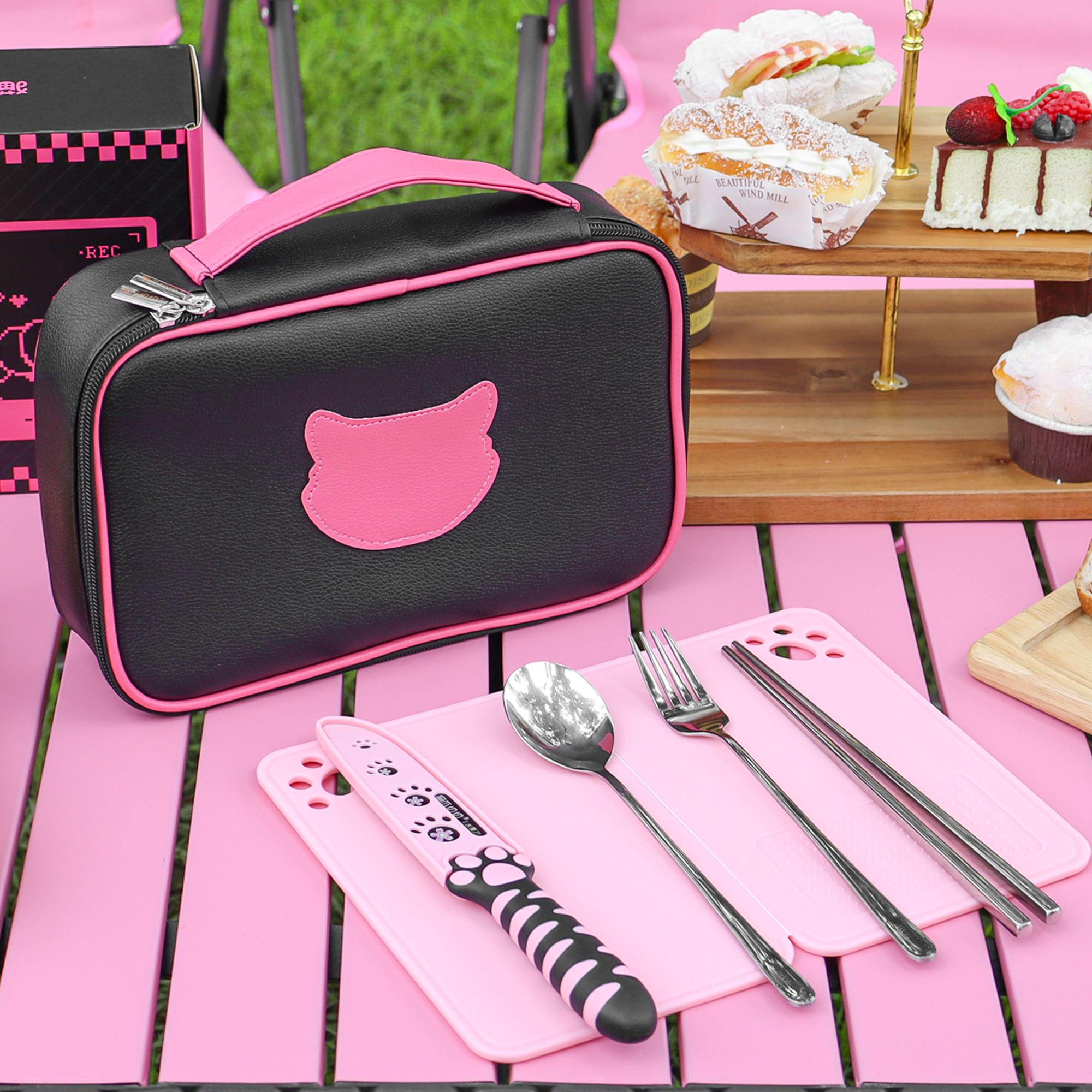 Meowkit 6-Piece Black & Pink Outdoor Tableware Set – Portable Picnic Utensils for Travel & Camping-Meowkit 