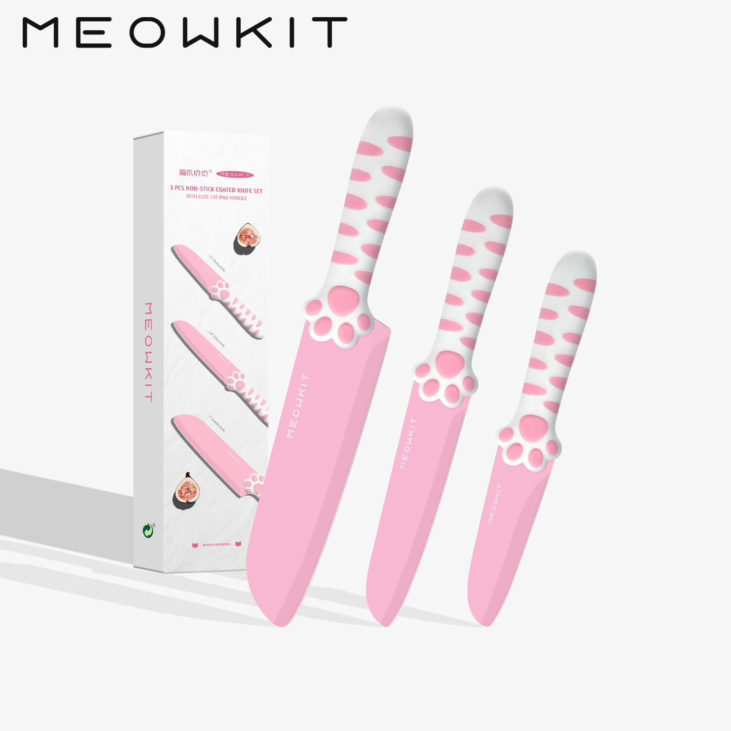 Meowkit Pink 3PCS Kitchen Knife Set Non-stick Coating Blade-Meowkit 