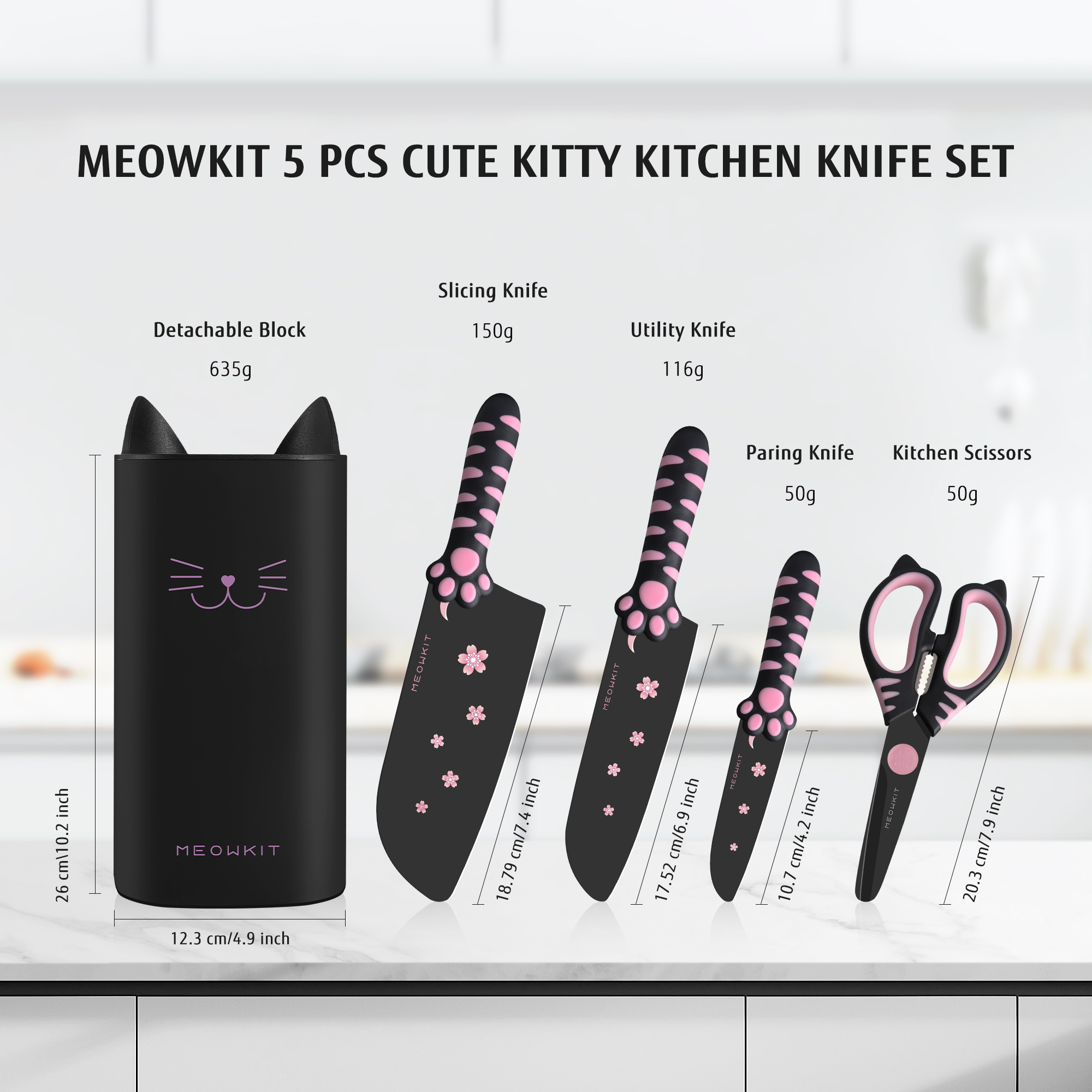 Meowkit 5 PCS Stainless Steel Knife Set – Pink & Black Cooking Blades with Storage Block, Cute & Modern Kitchen Essential