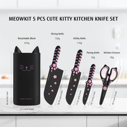 Meowkit 5 PCS Stainless Steel Knife Set – Pink & Black Cooking Blades with Storage Block, Cute & Modern Kitchen Essential
