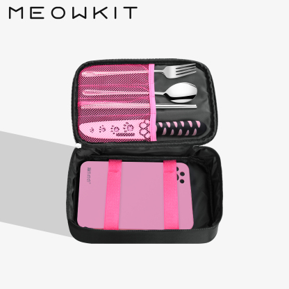 Meowkit 6-Piece Black & Pink Outdoor Tableware Set – Portable Picnic Utensils for Travel & Camping