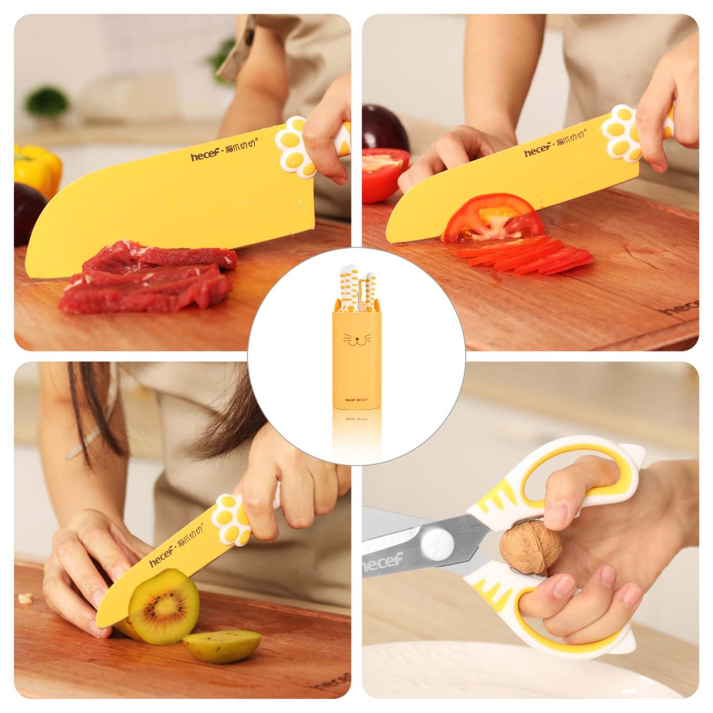 Meowkit 5-Piece Kitchen Knife Set, Yellow Cute Knife Set with Block and Scissors