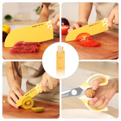Meowkit 5-Piece Kitchen Knife Set, Yellow Cute Knife Set with Block and Scissors