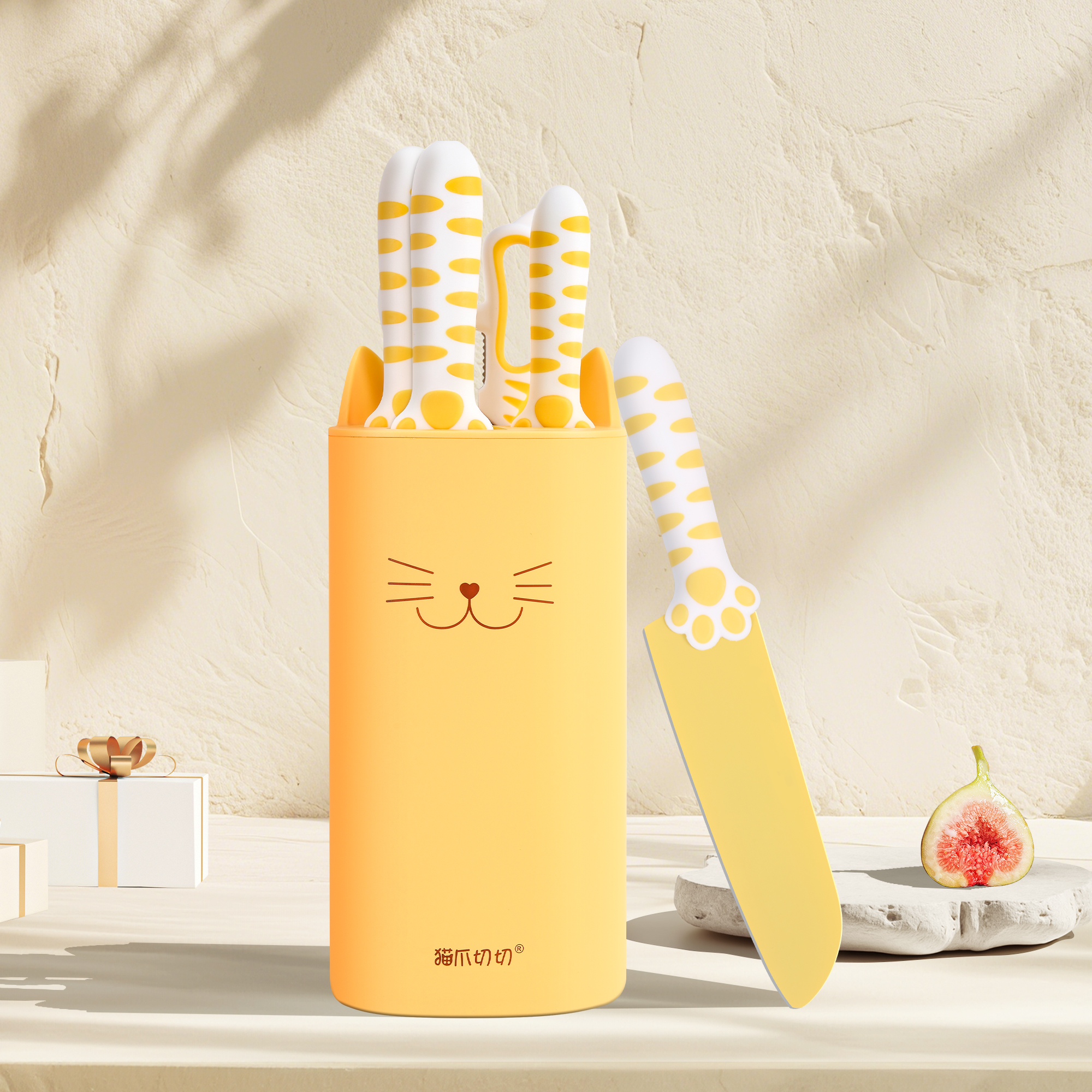 Meowkit 5 PCS Knife Set – Jasmine Yellow Cute Kitchen Knife with Scissors and Block Organizer
