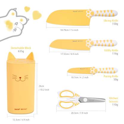 Meowkit 5-Piece Kitchen Knife Set, Yellow Cute Knife Set with Block and Scissors