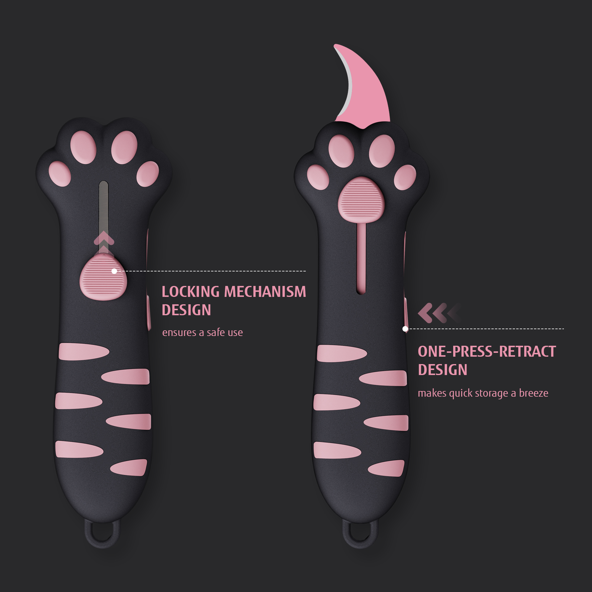 Meowkit Cute Cat Claw Box Cutter – Black & Pink