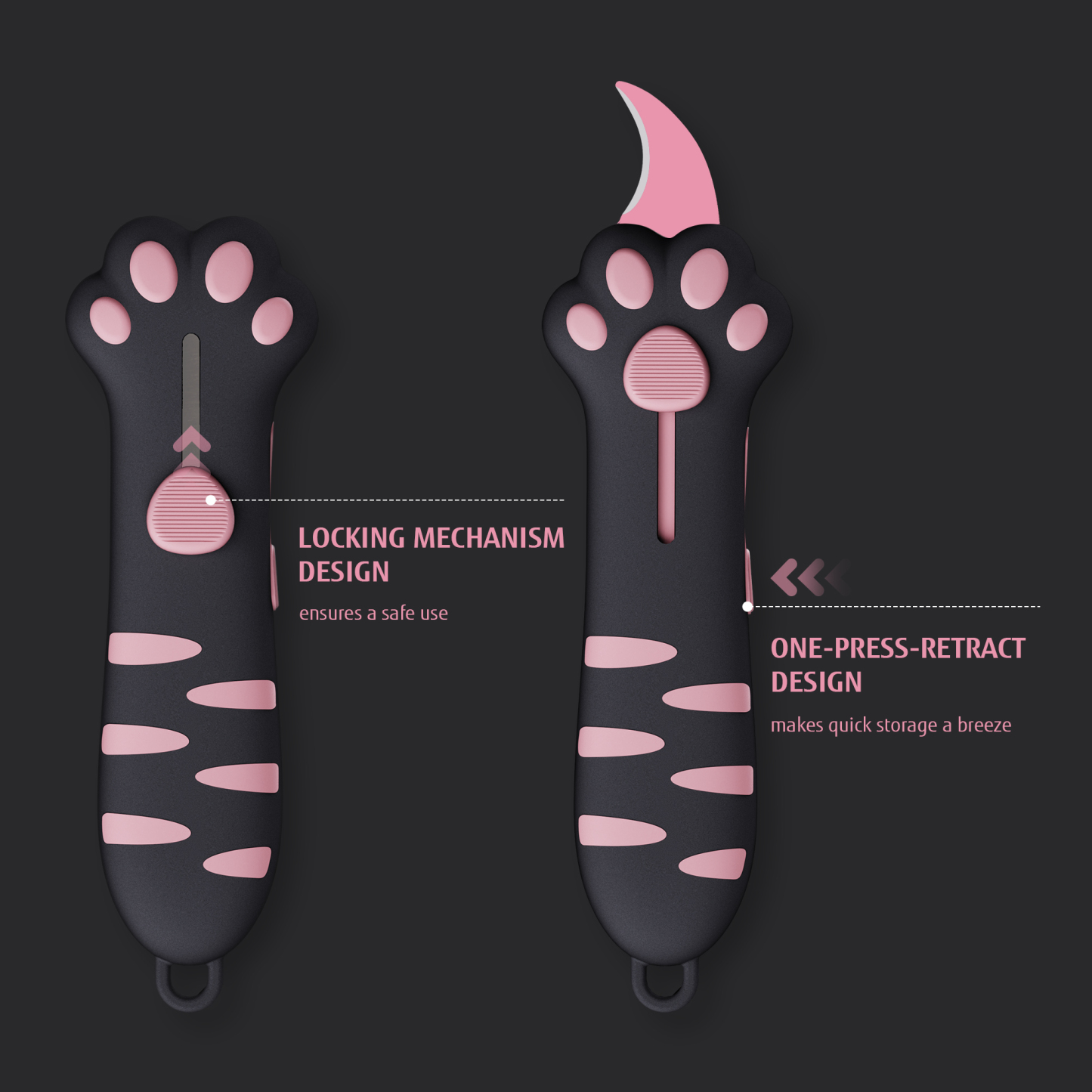 Meowkit Cute Cat Claw Box Cutter – Black & Pink
