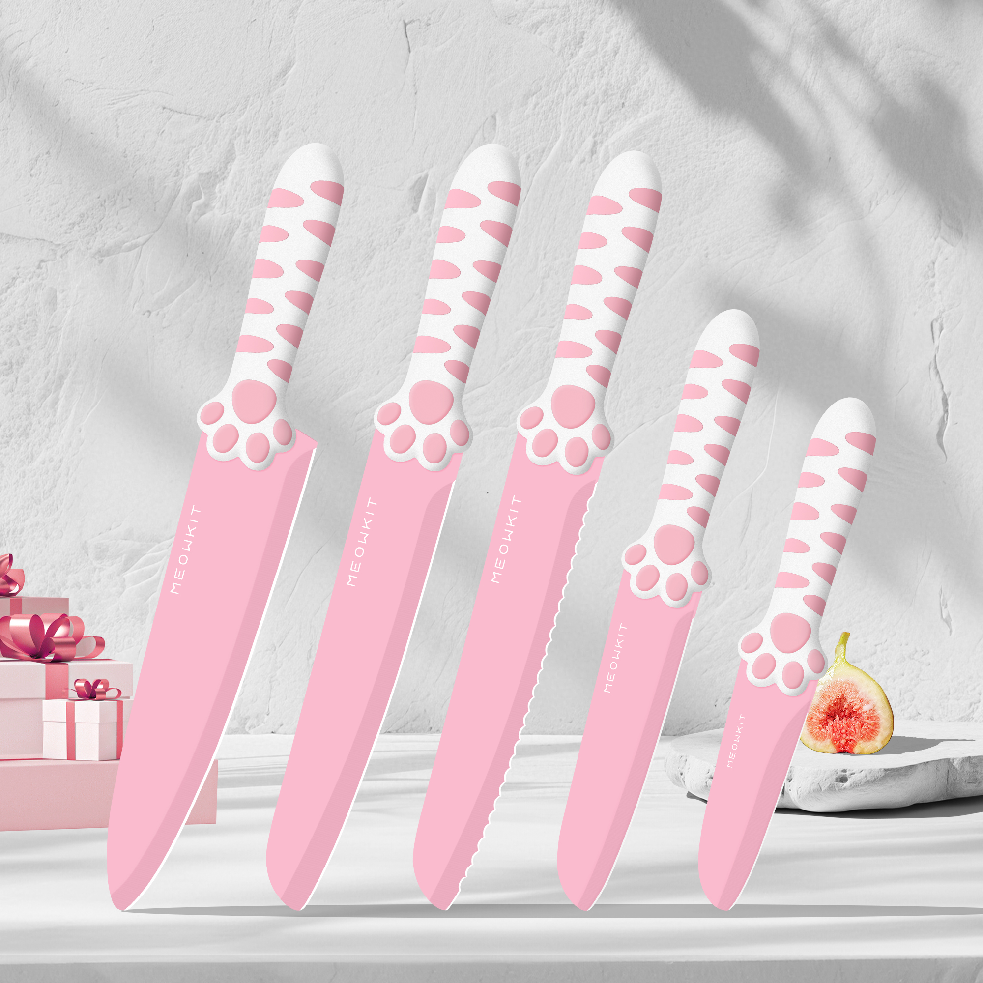 MEOWKIT 5-Piece Pink Kitchen Knife Set – Stainless Steel Blades with Non-Stick Coating