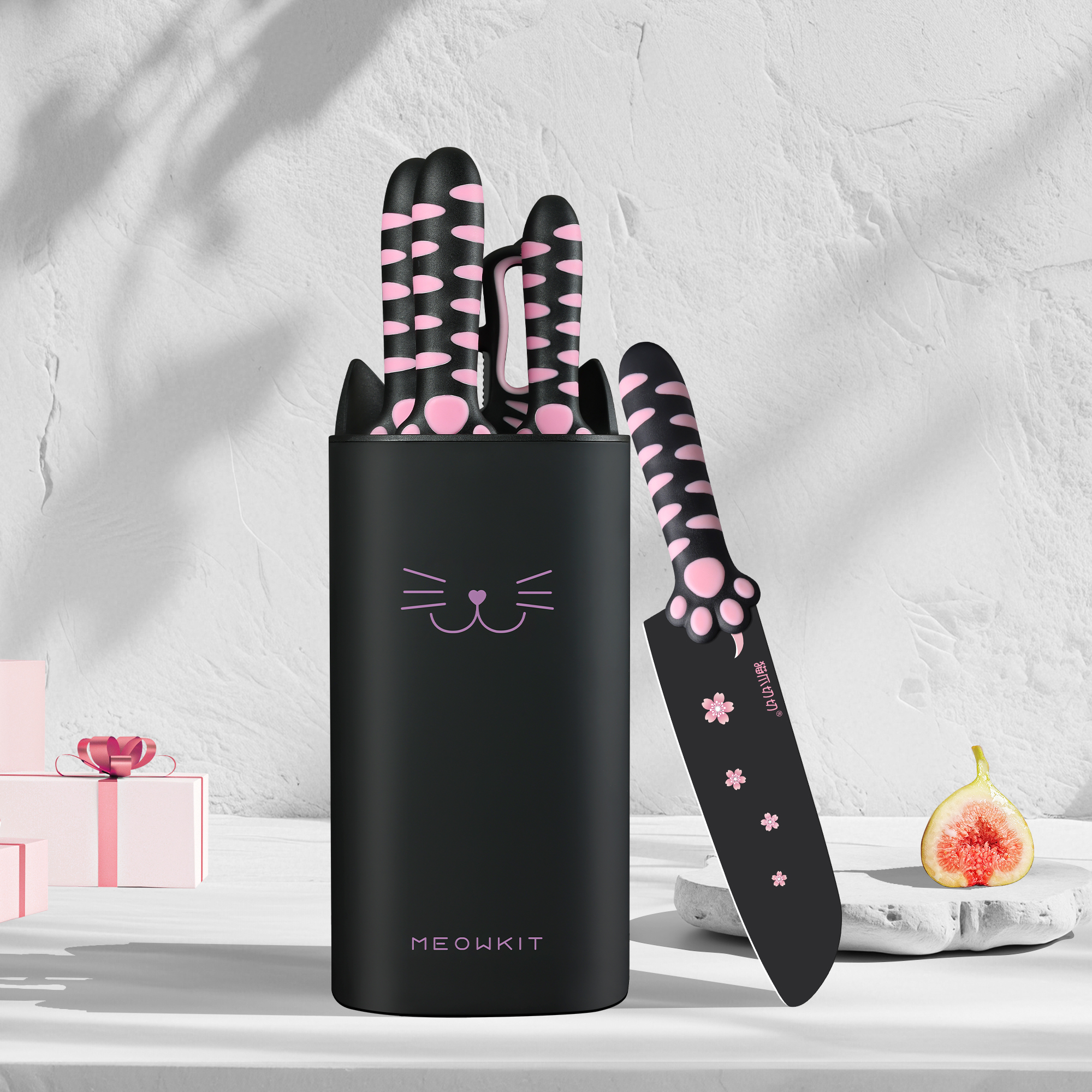 Meowkit 5 PCS Kitchen Knife Set – Pink & Black Cooking Blades with Storage Block, Cute & Modern Kitchen Essential