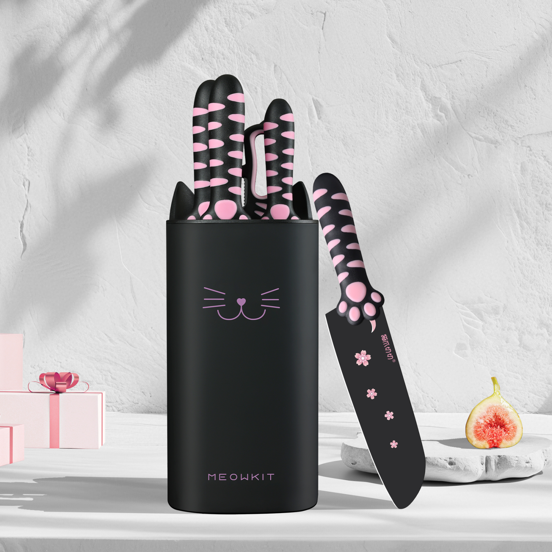 Meowkit 5 PCS Kitchen Knife Set – Pink & Black Cooking Blades with Storage Block, Cute & Modern Kitchen Essential
