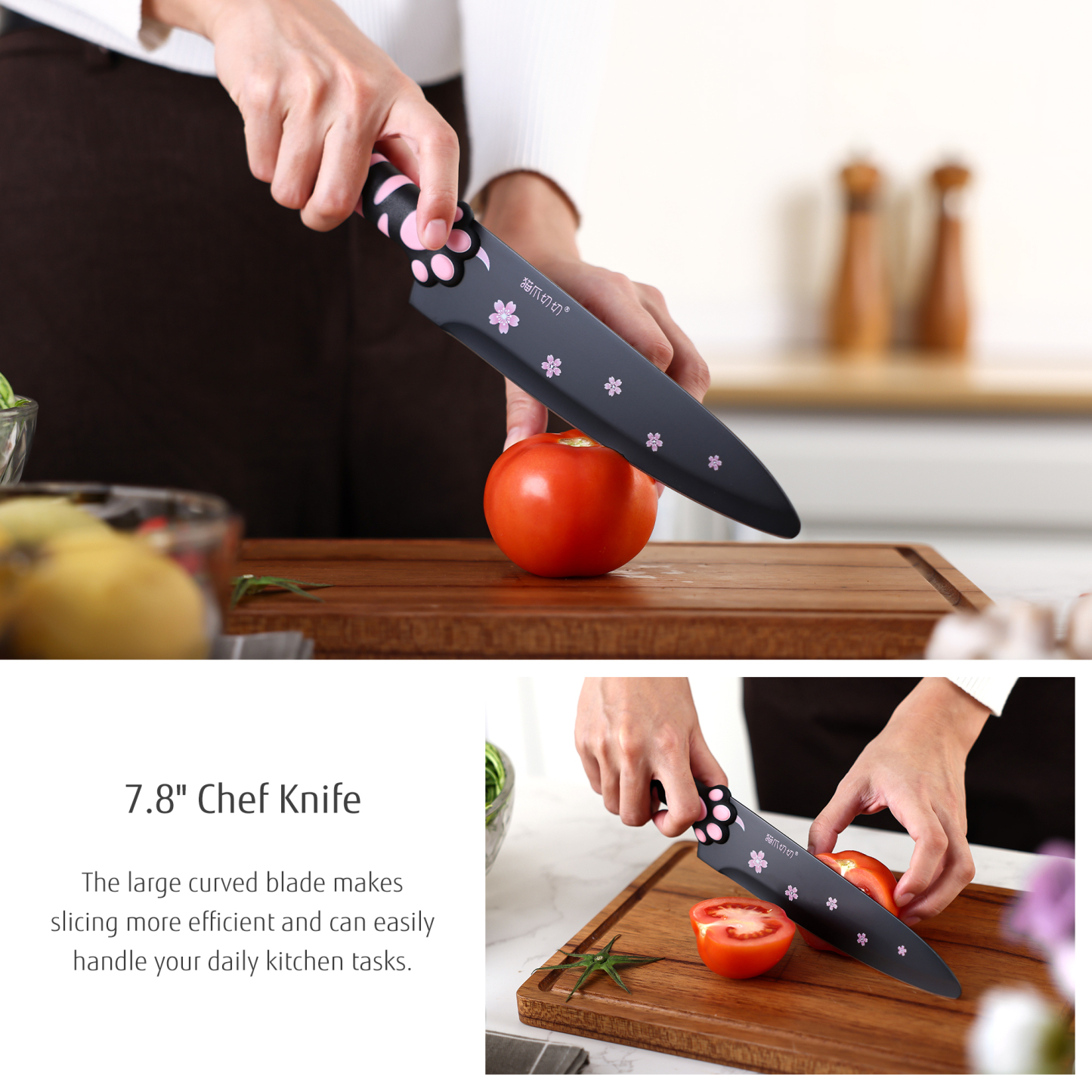 Meowkit 5 Pieces Kitchen Knife Set, Black&Pink Block Kitchen Knives