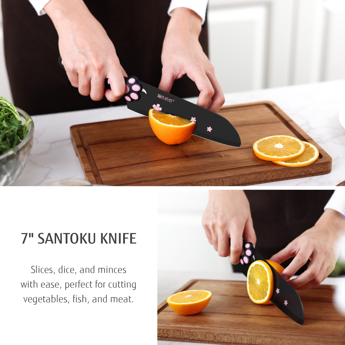 Meowkit 5 Pieces Kitchen Knife Set, Black&Pink Block Kitchen Knives