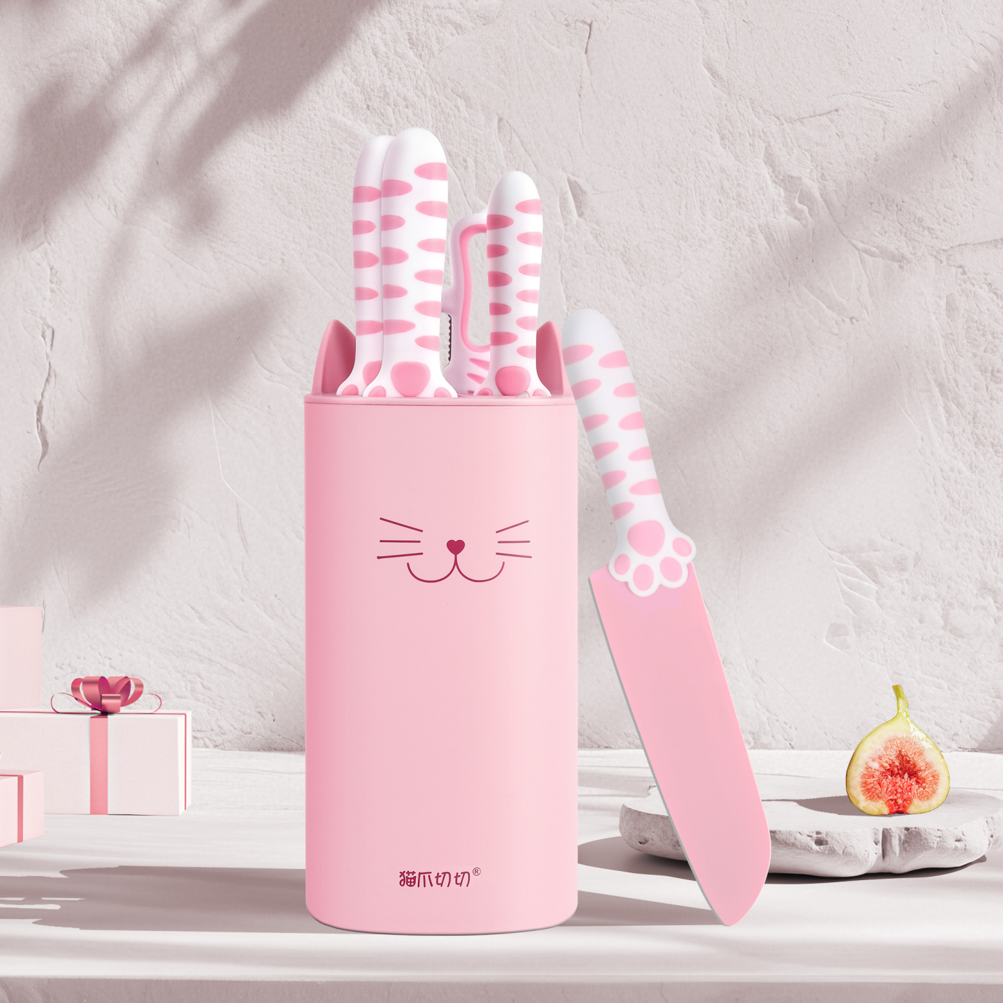 Meowkit 5-Piece Sakura Pink Kitchen Knife Set – Cute Knives with Block and Scissors
