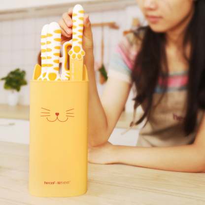 Meowkit 5-Piece Kitchen Knife Set, Yellow Cute Knife Set with Block and Scissors