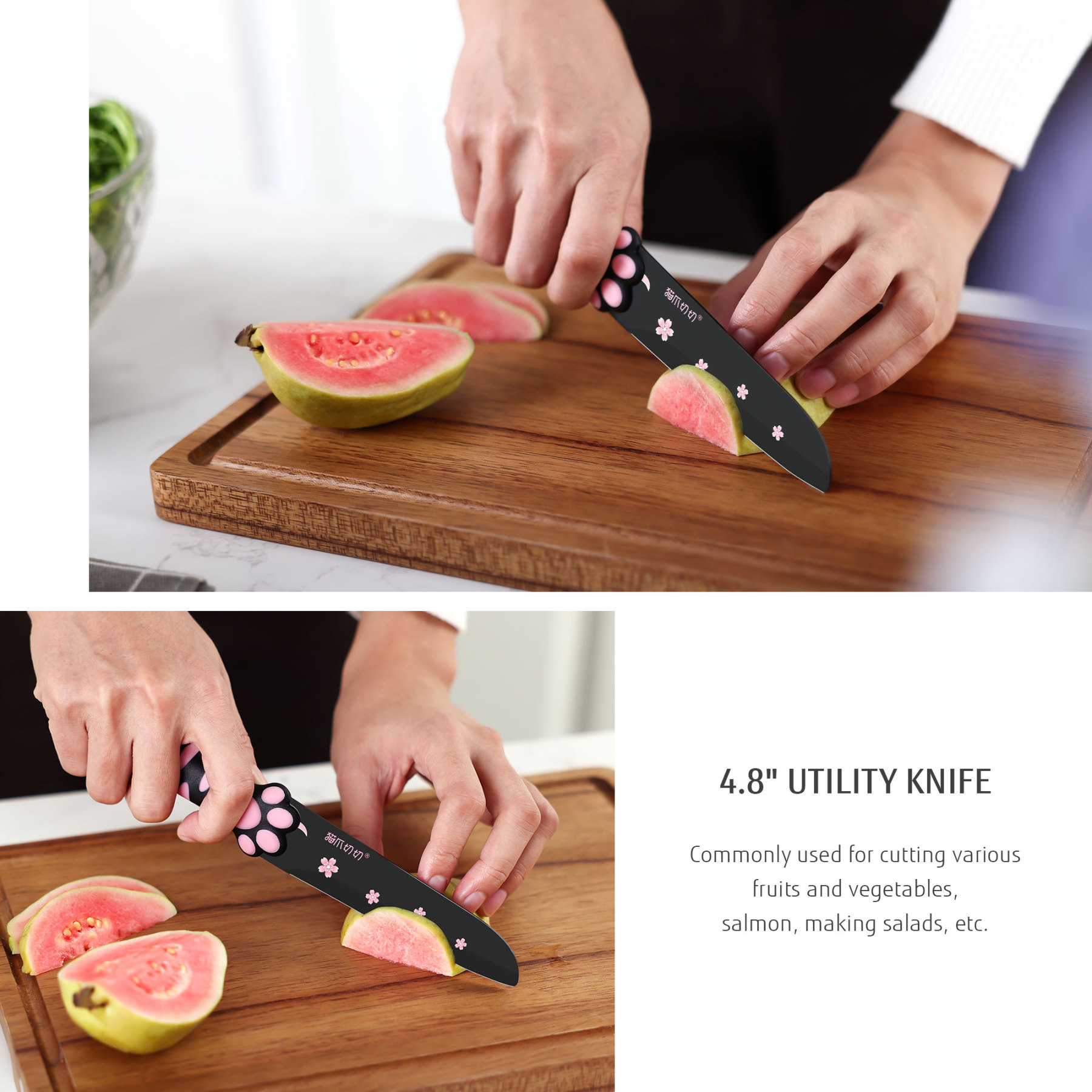 Meowkit 5 Pieces Kitchen Knife Set, Black&Pink Block Kitchen Knives