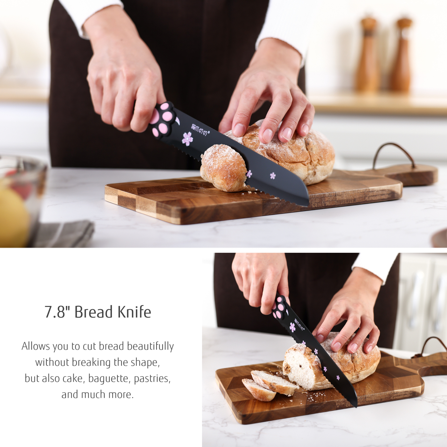 Meowkit 5 Pieces Kitchen Knife Set, Black&Pink Block Kitchen Knives