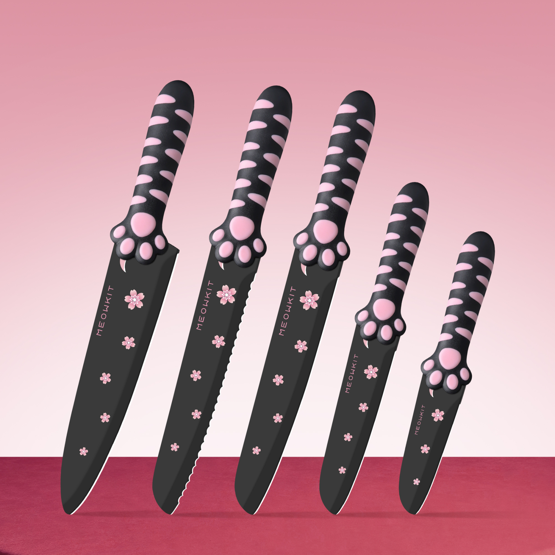 MEOWKIT 5-Piece Kitchen Knife Set – Stainless Steel Blades with Non-Stick Coating and Non-Slip Pink Handles