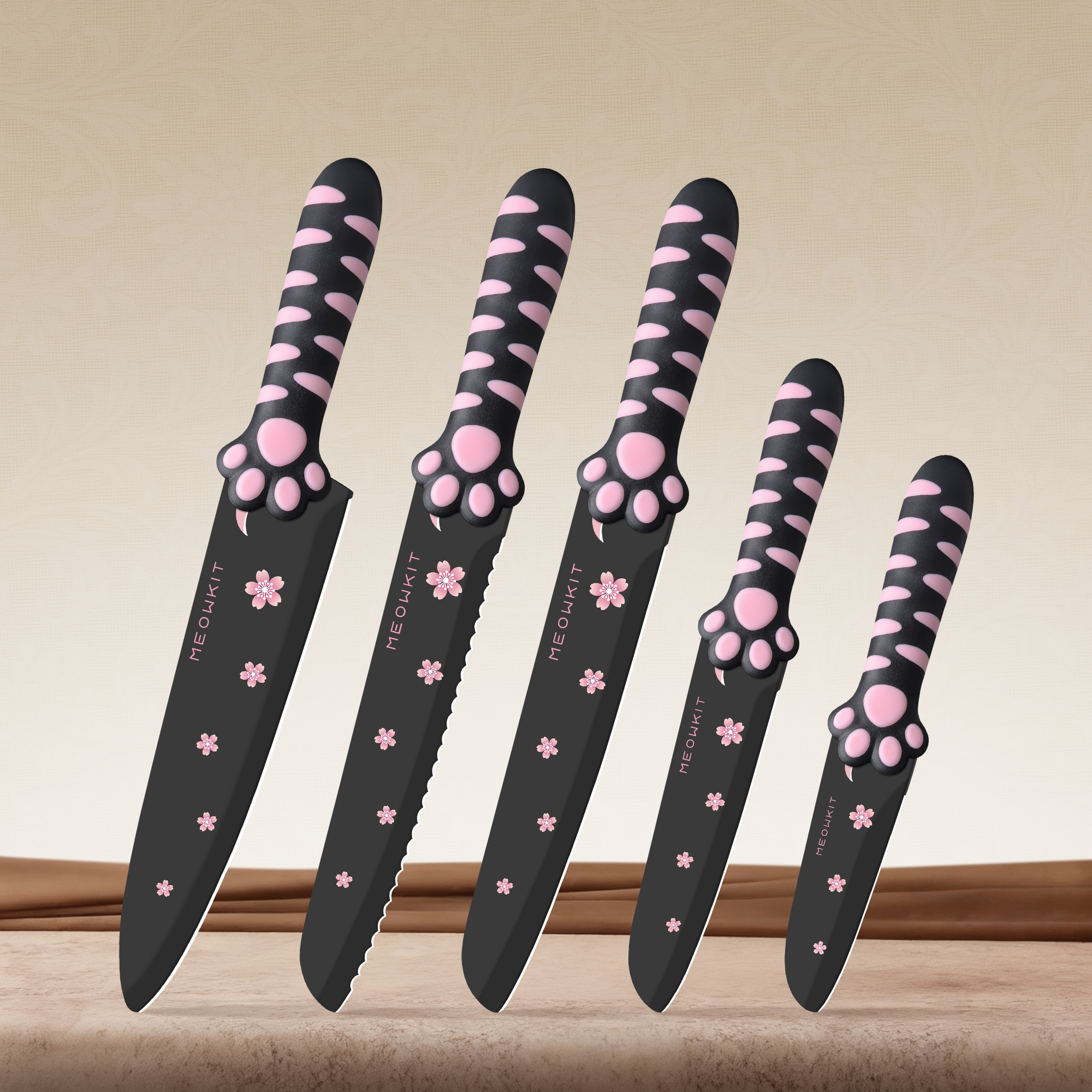MEOWKIT 5-Piece Kitchen Knife Set – Nonstick Coated Blades + Cat Paw Handles (Black & Pink)