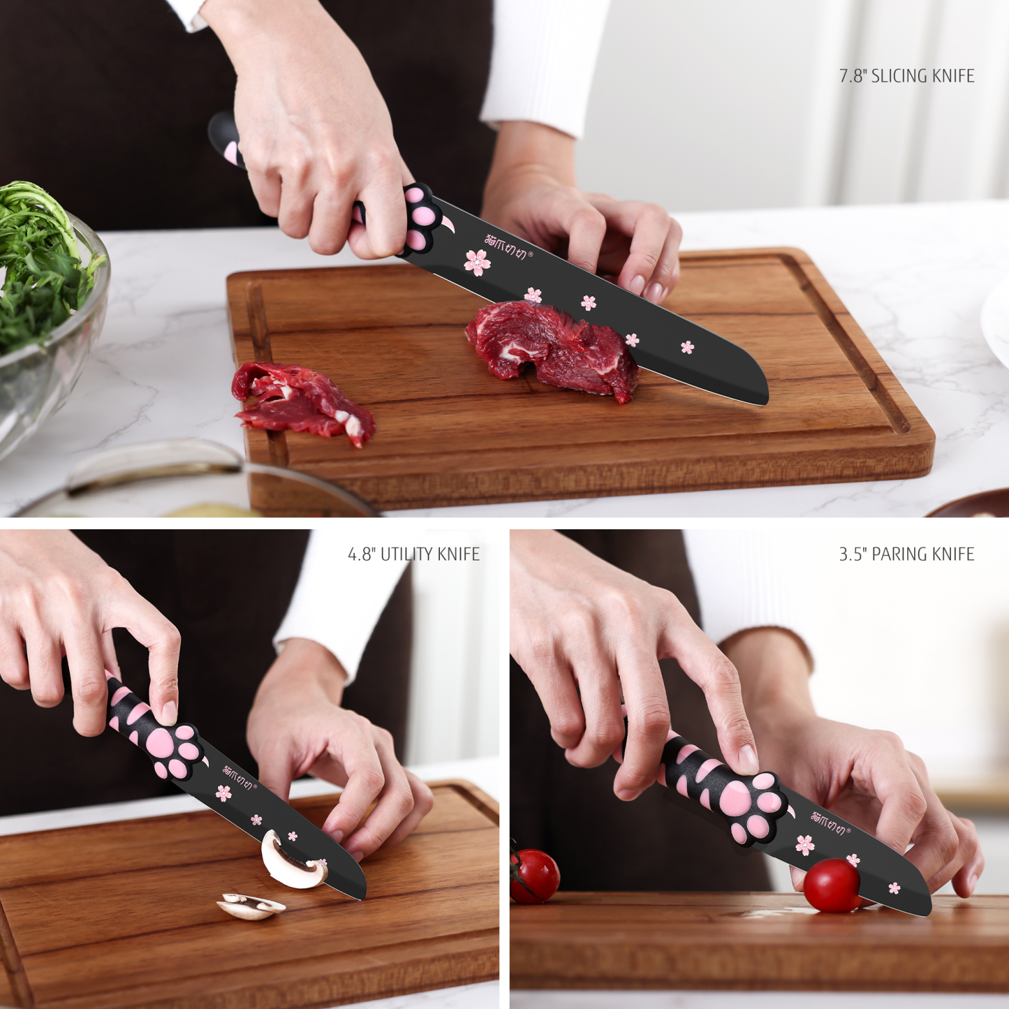 Meowkit 5 Pieces Kitchen Knife Set, Black&Pink Block Kitchen Knives