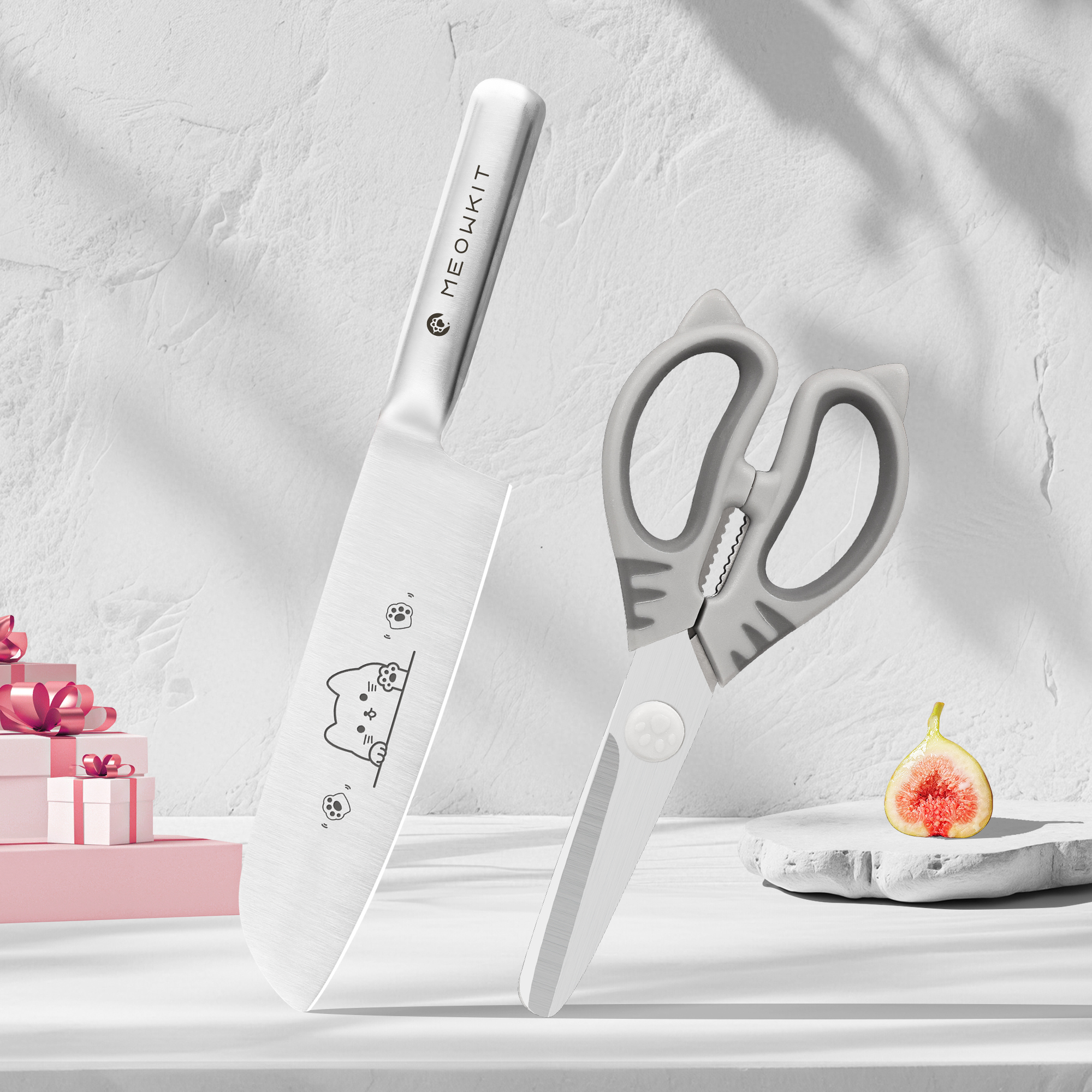 Meowkit 2-Piece Kitchen Knife Set with Cute Cat Etching Design