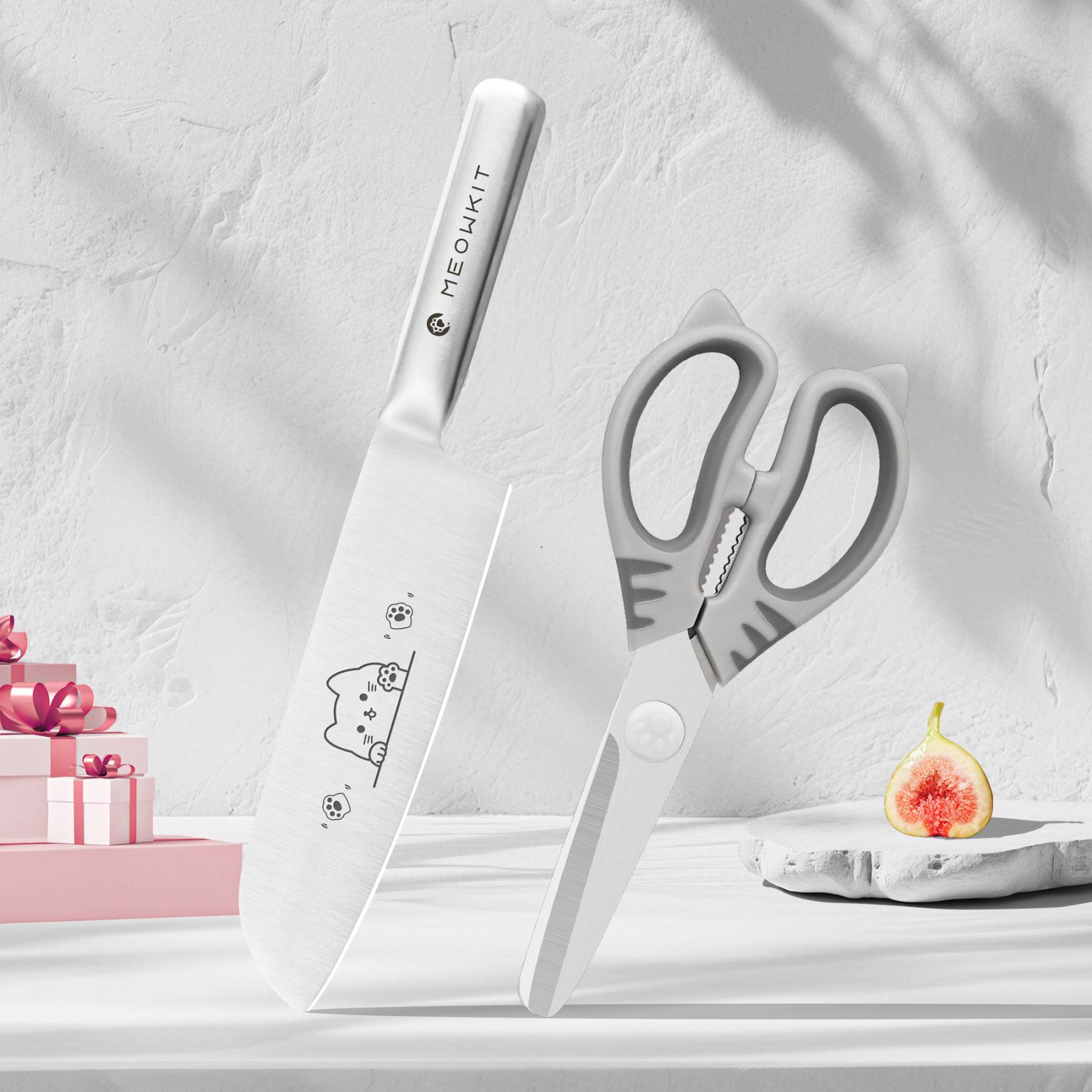 Meowkit 2-Piece Kitchen Knife Set with Cute Cat Etching Design