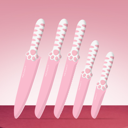 MEOWKIT 5-Piece Pink Kitchen Knife Set – Stainless Steel Blades with Non-Stick Coating